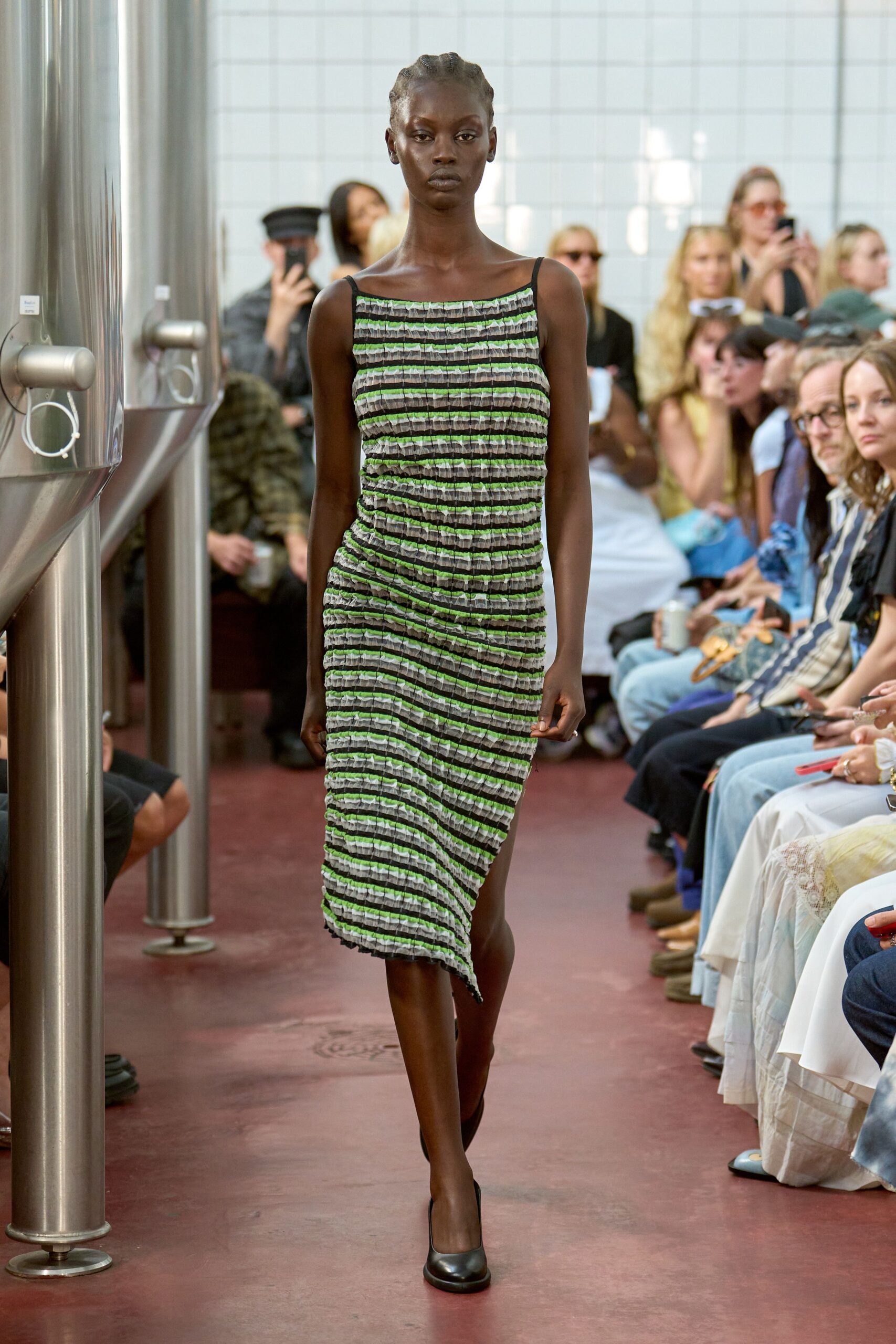green striped midi dress with black shoes