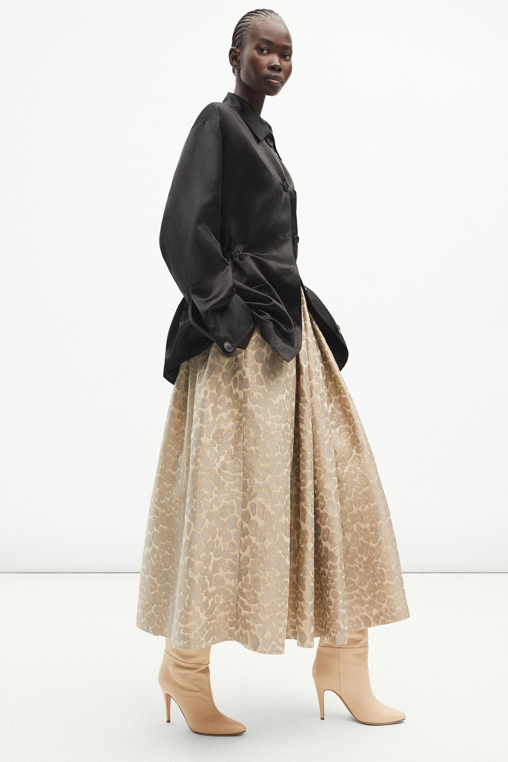 black silk long-sleeve collared relaxed buttoned shirt