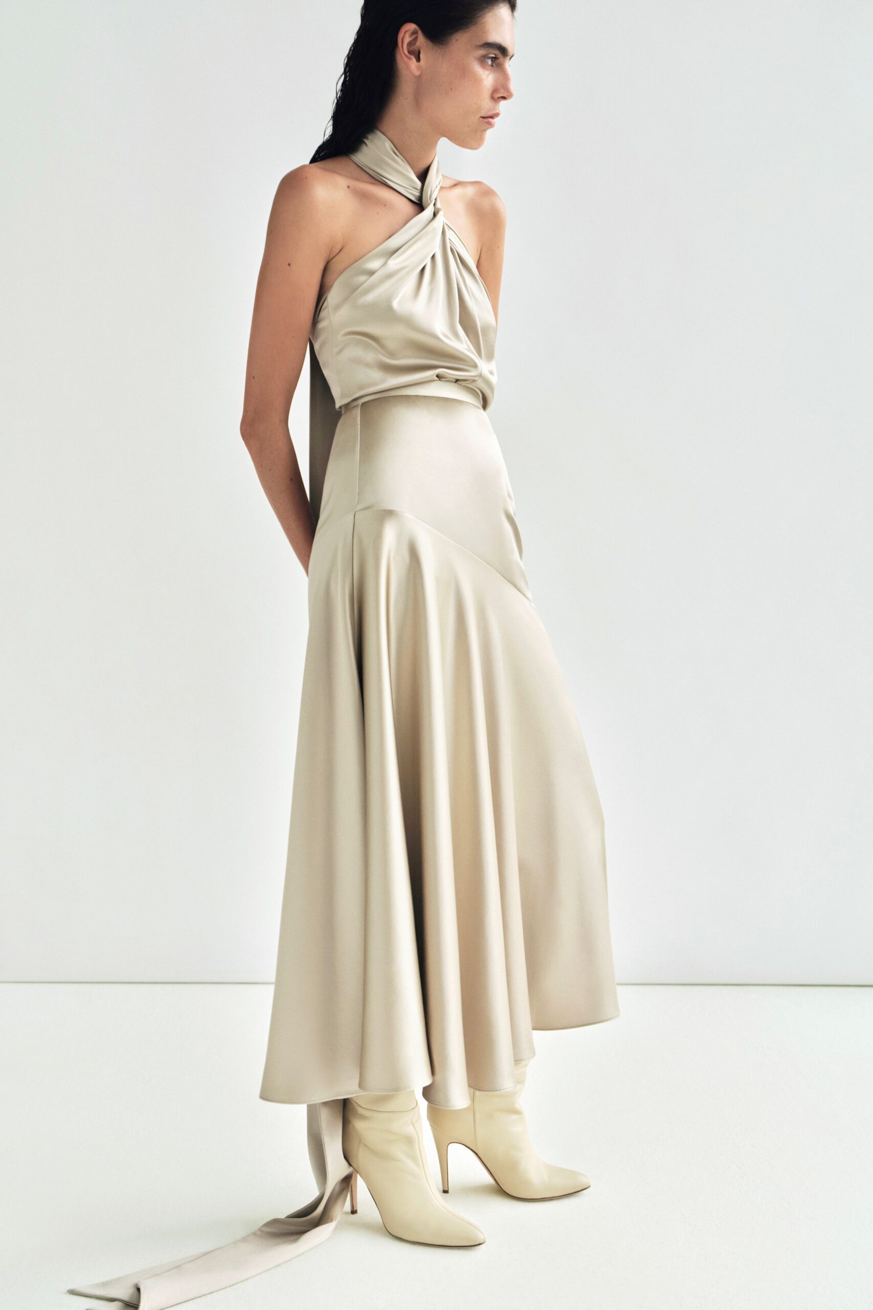 beige silk sleeveless v-neck fitted draped tiered dress