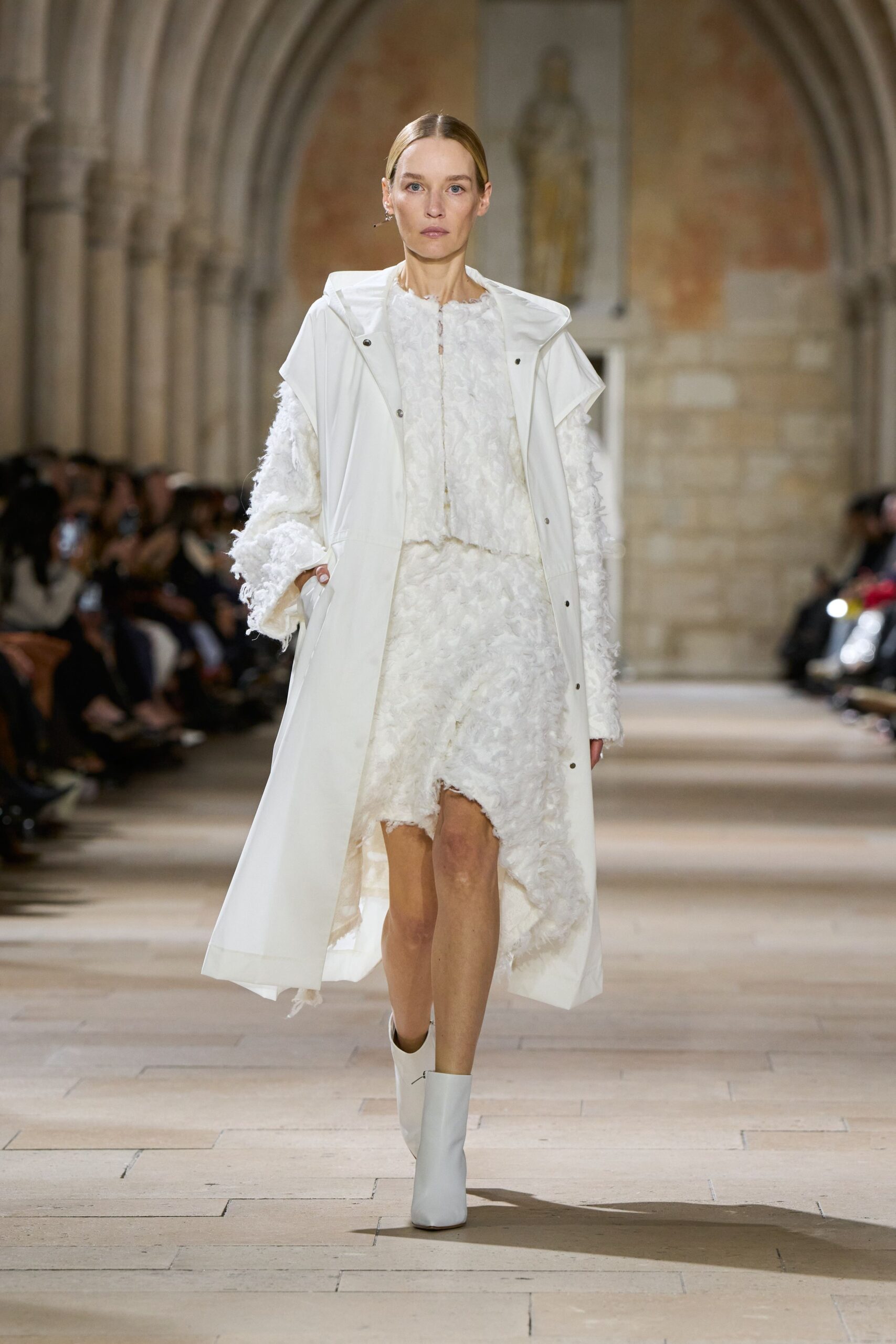 white cotton long-sleeve collared relaxed draped midi coat