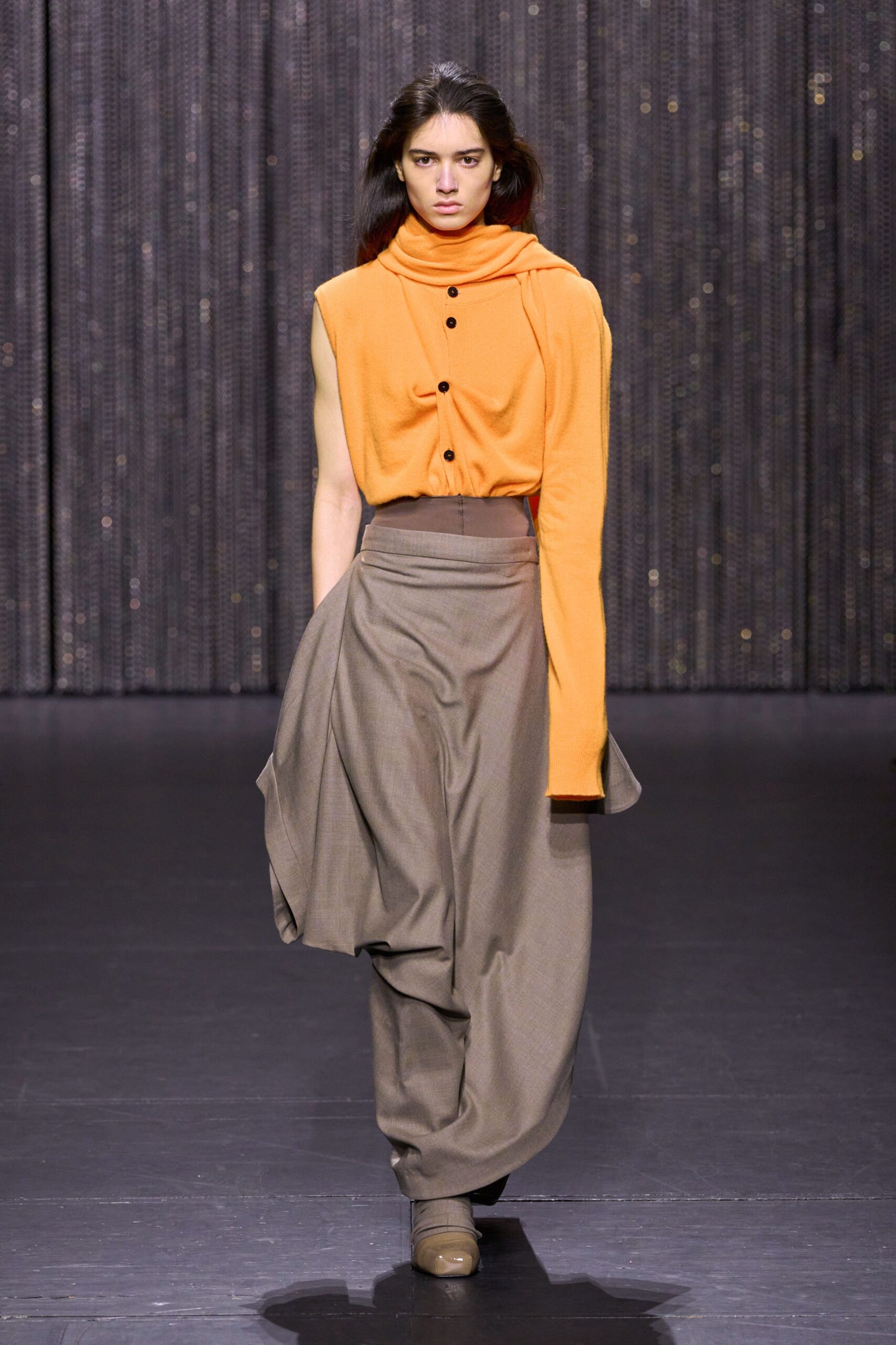 orange cotton sleeveless high-neck fitted buttoned top