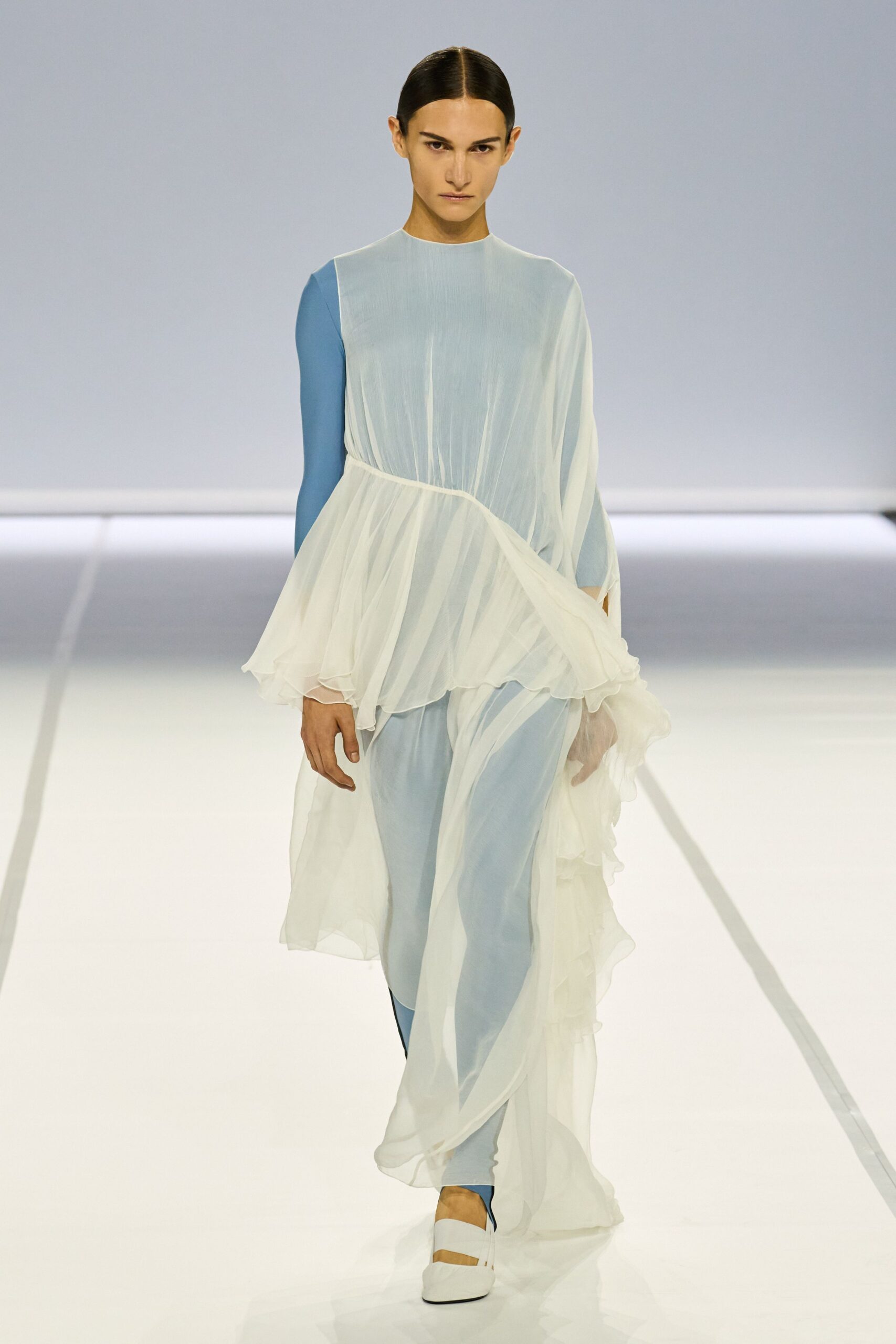 blue and white flowing maxi dress