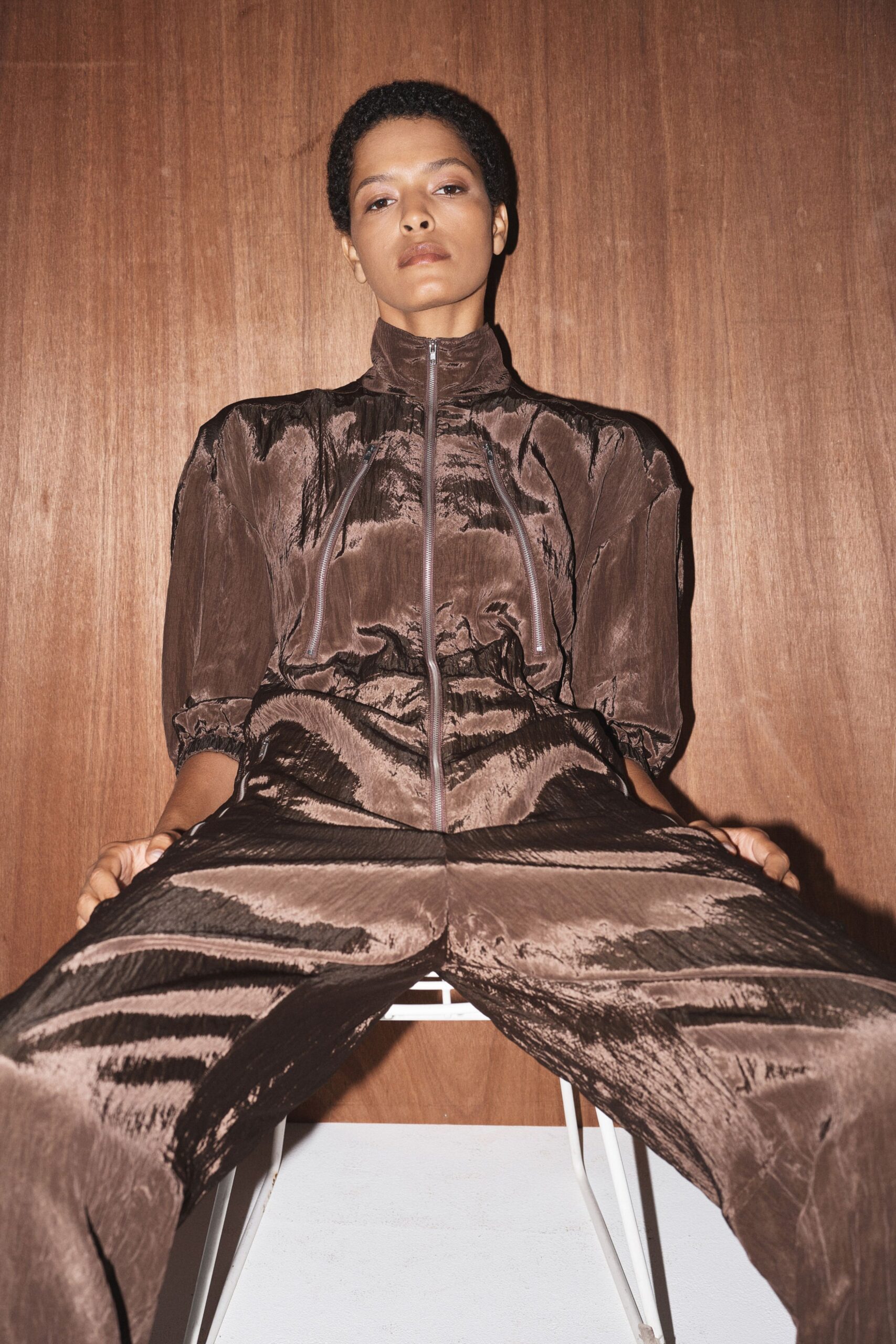 brown silk fitted jumpsuit