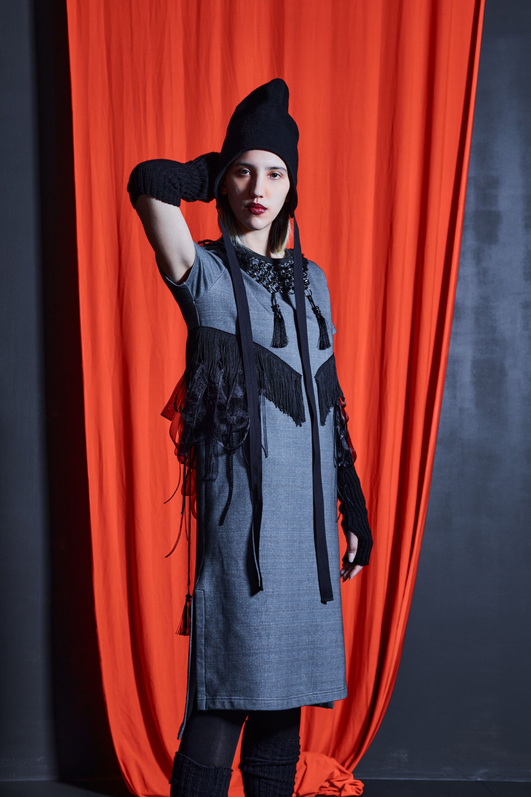 gray black fringed midi dress
