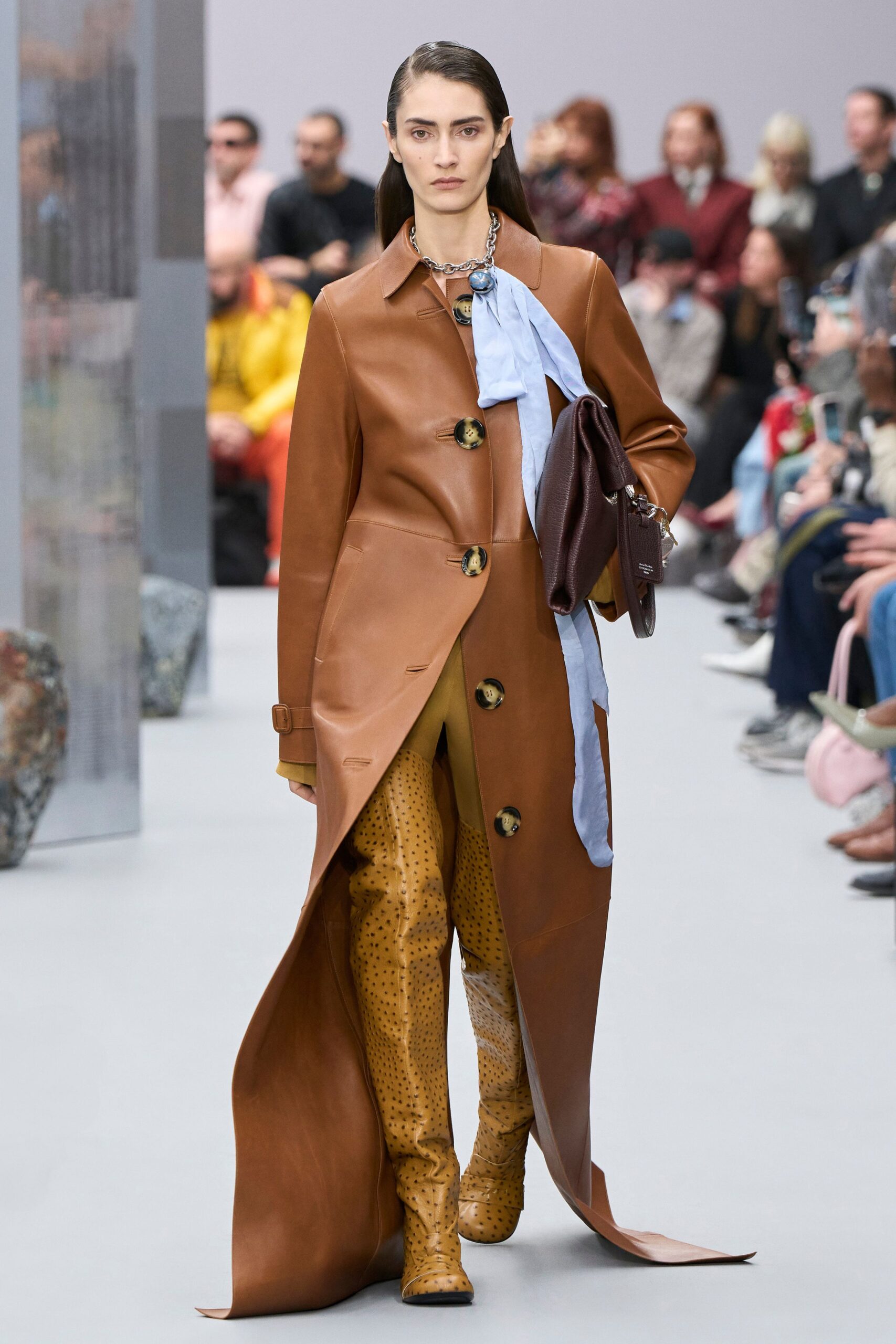 brown leather long-sleeve collared fitted buttoned maxi coat