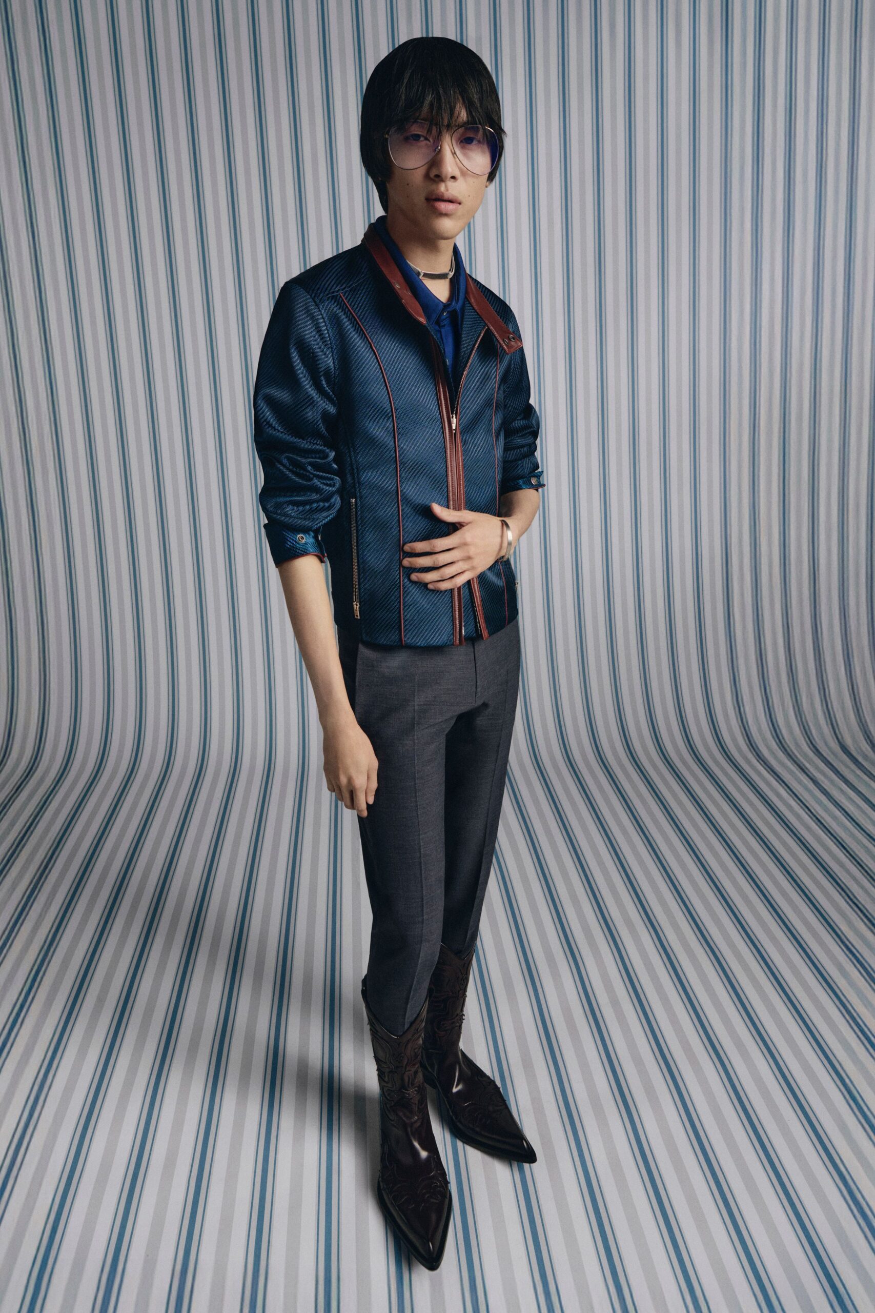 blue silk long-sleeve collared fitted zippered pockets jacket