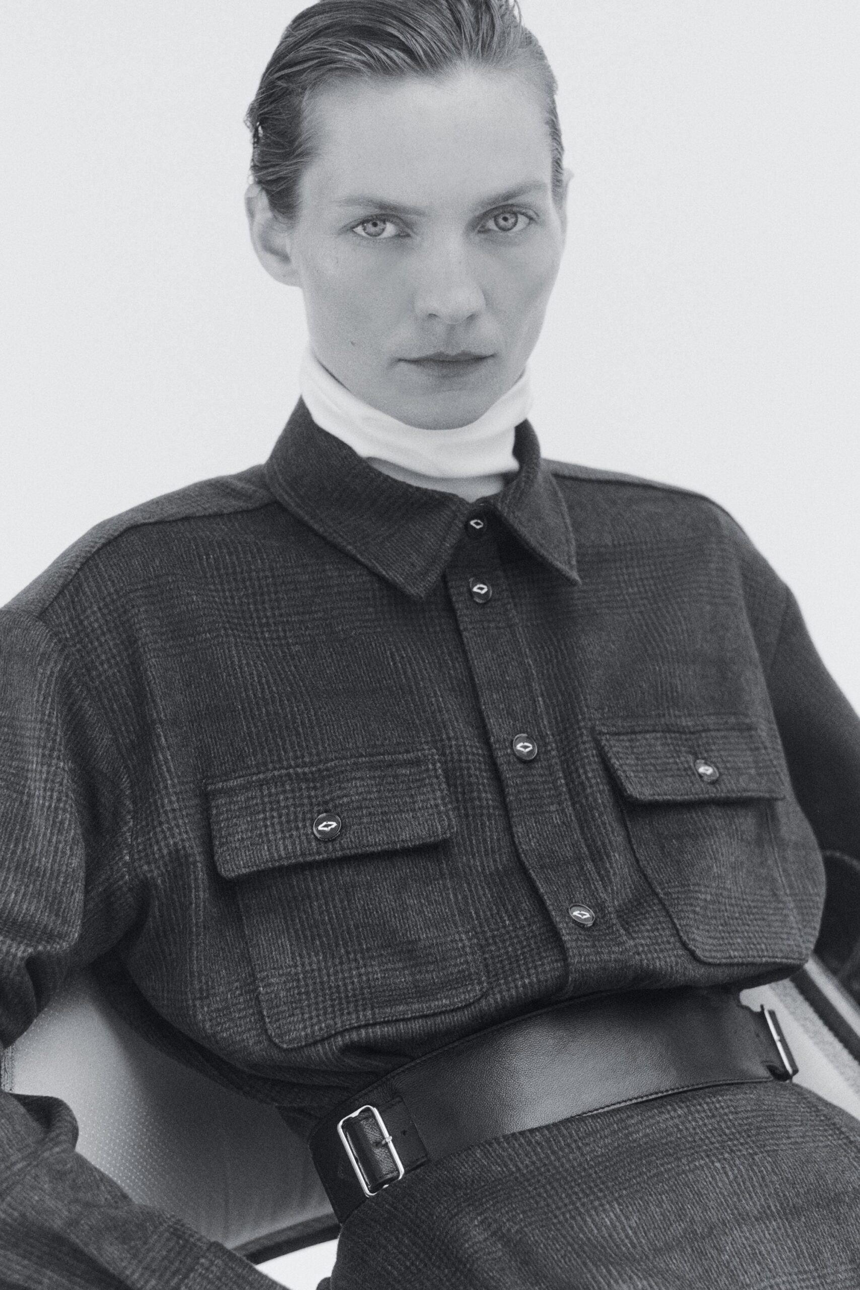 black wool long-sleeve collared structured buttoned checked shirt