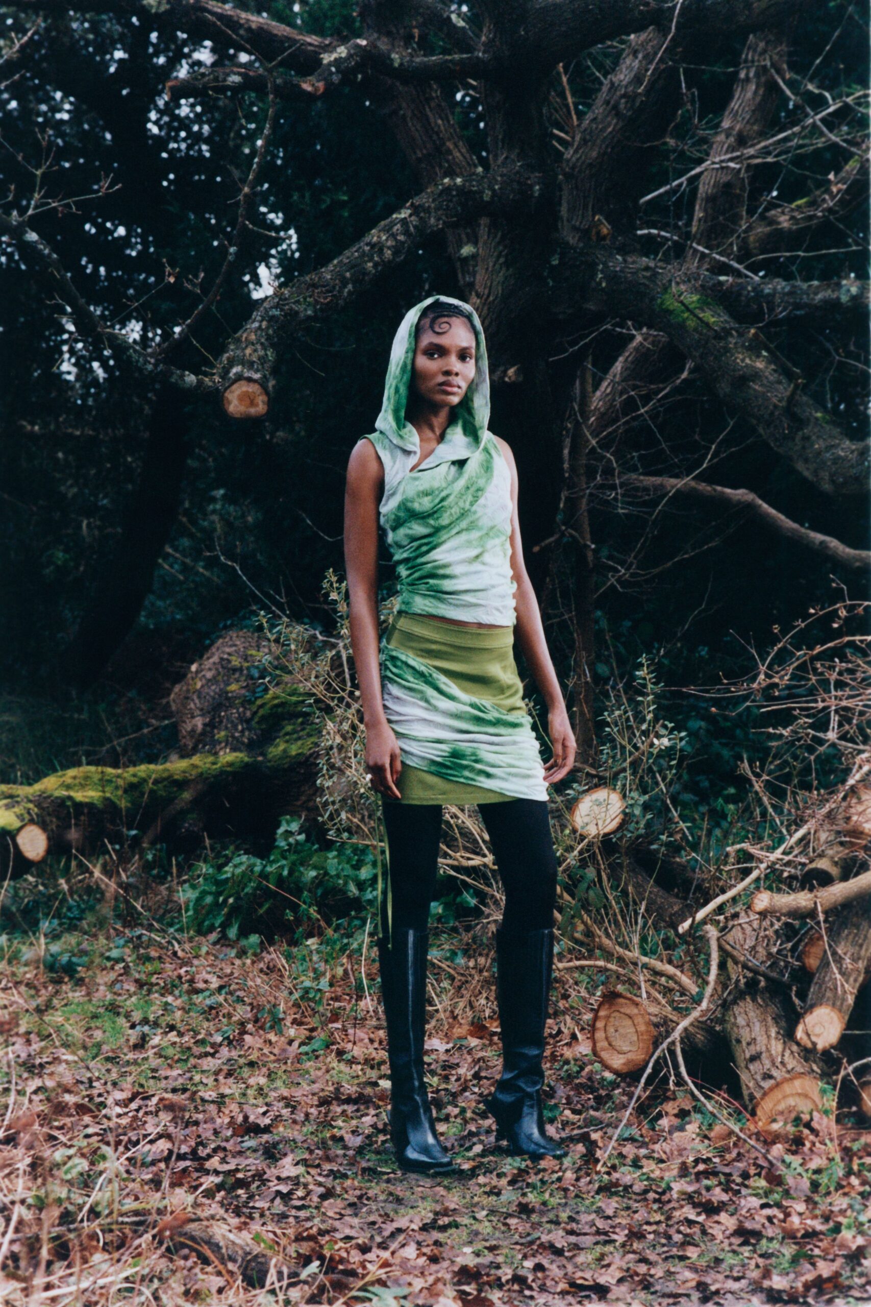 green and white hooded mini dress