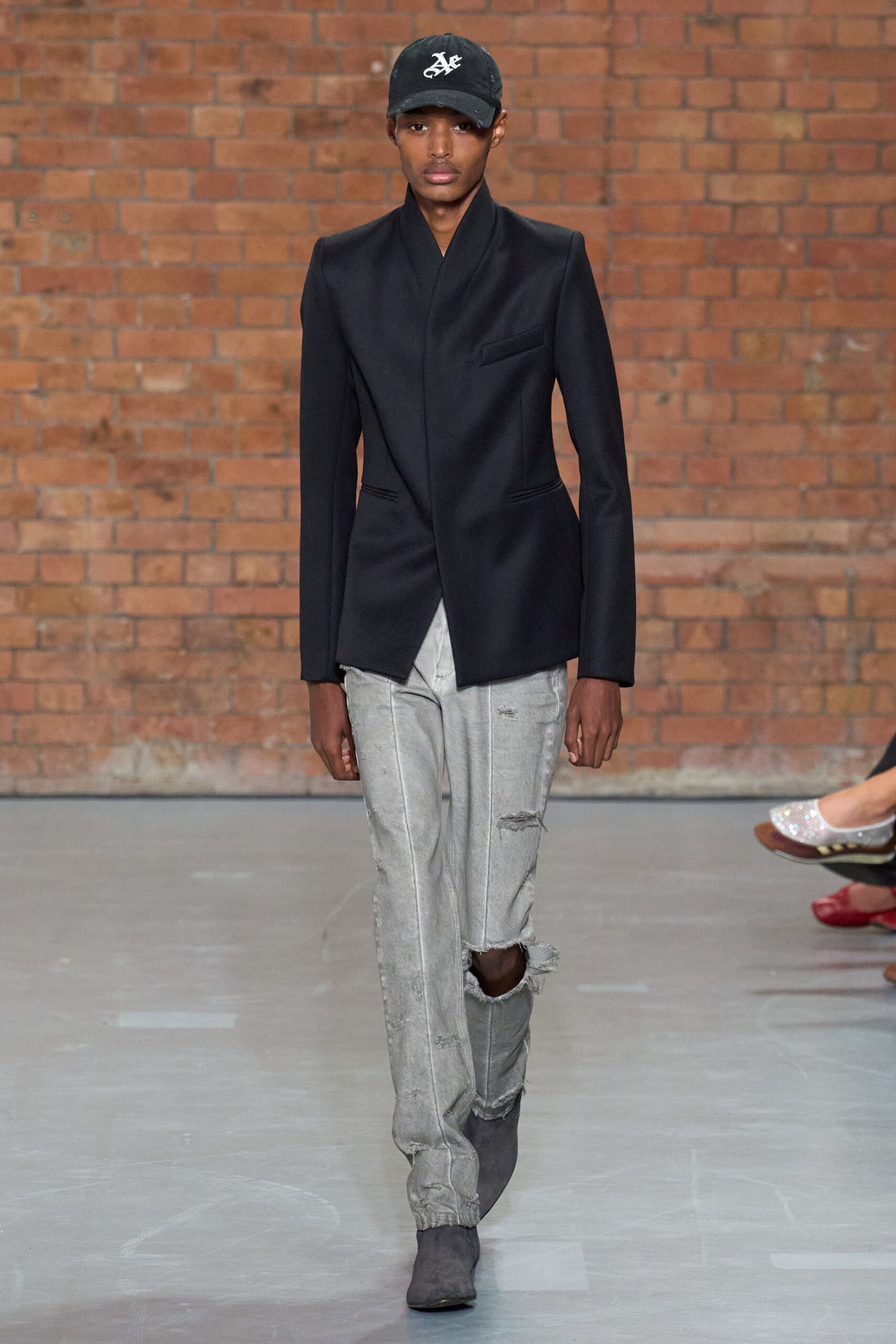 black blazer white shirt gray pants
