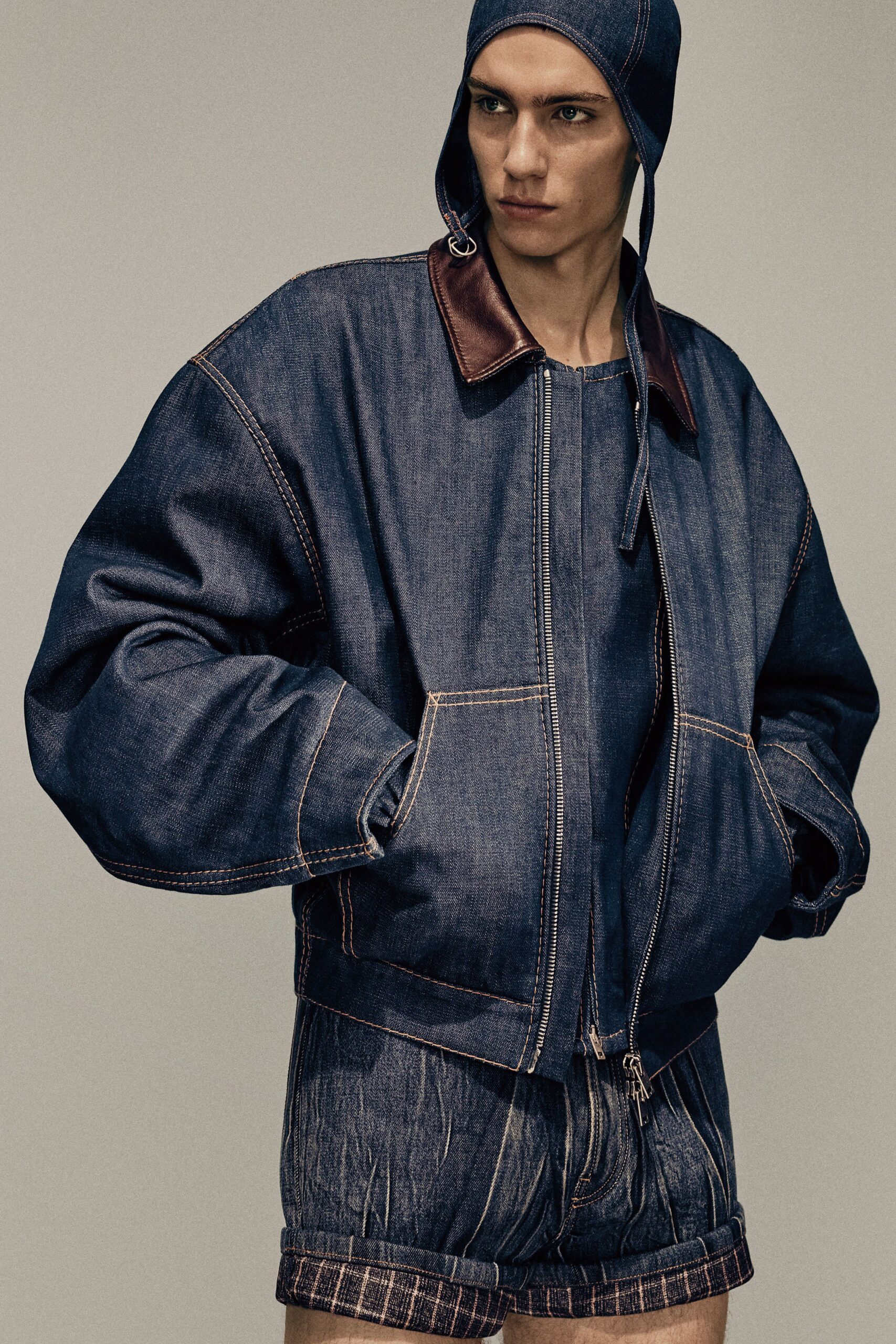 blue denim long-sleeve collared oversized zippered jacket