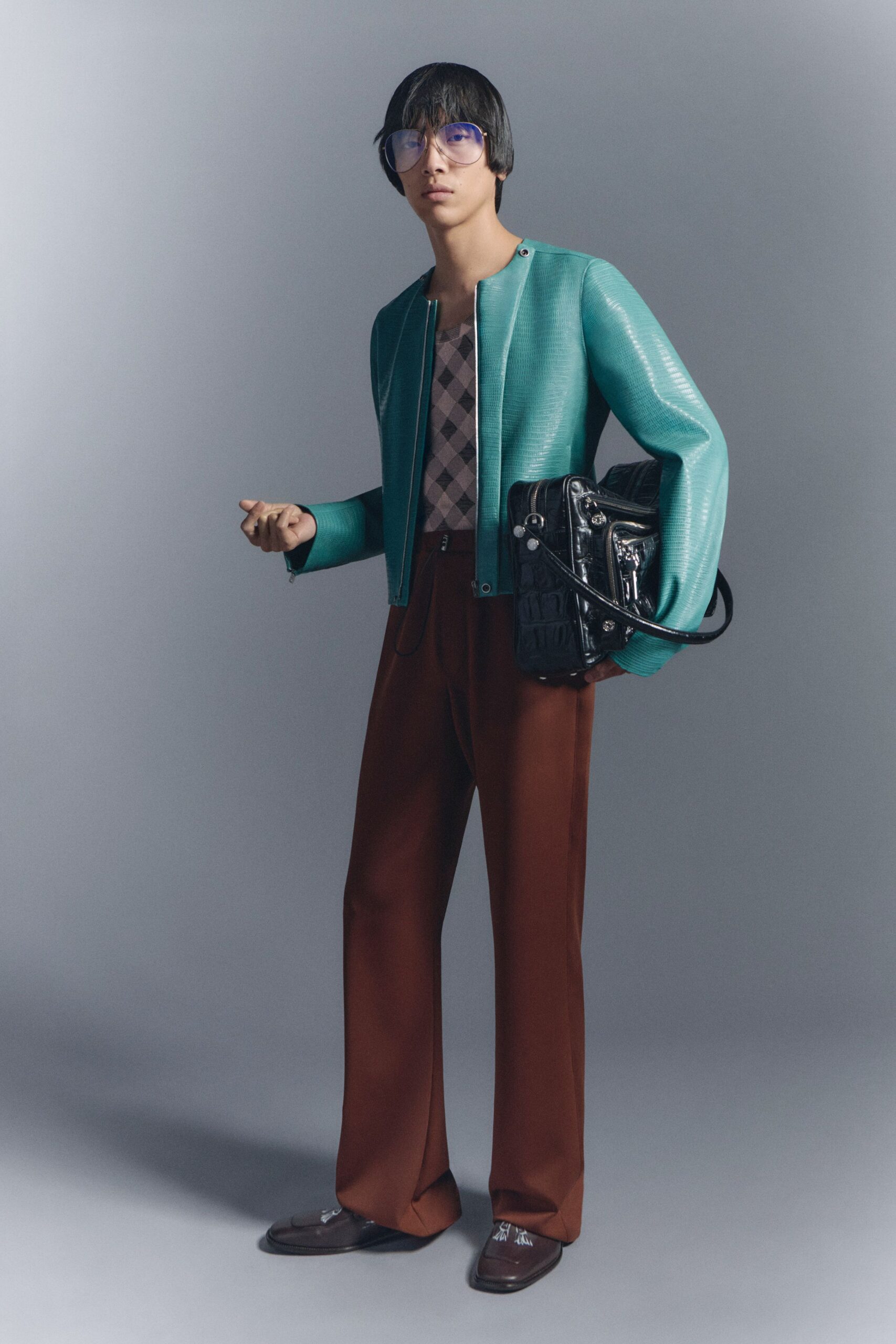 teal vinyl long-sleeve collared structured zippered jacket