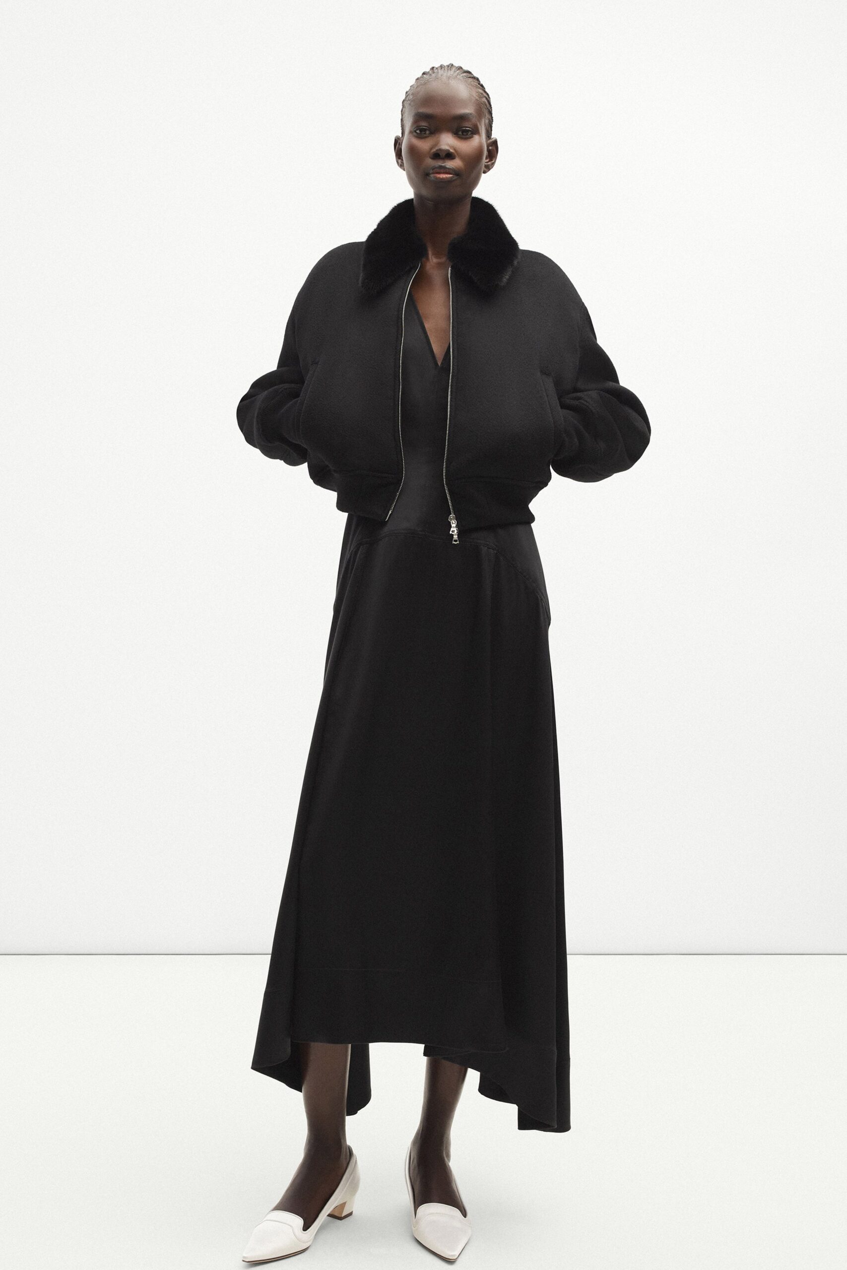 black oversized jacket and dress