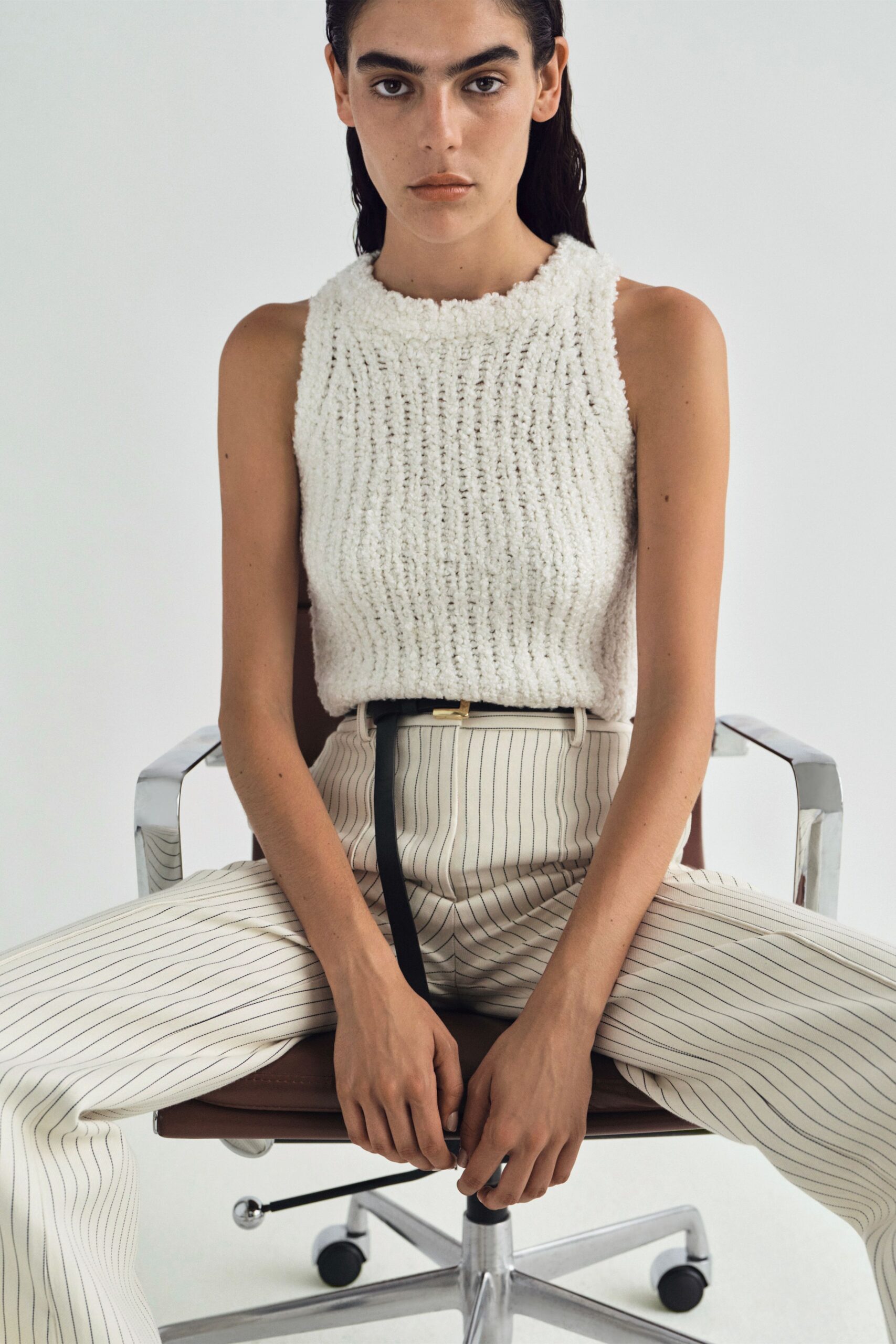 white cotton sleeveless high-neck fitted ribbed top