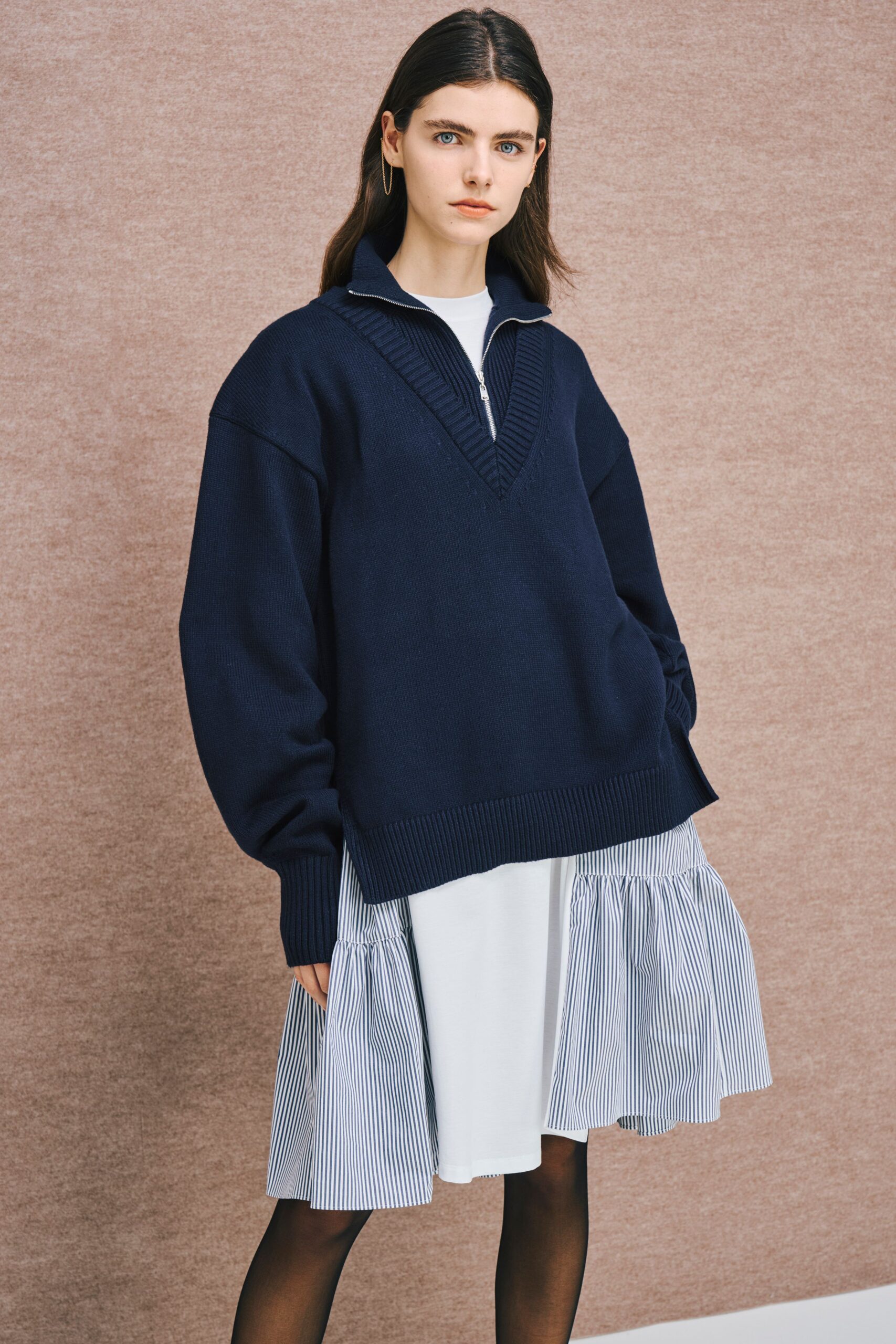 blue cotton long-sleeve v-neck oversized layered sweater