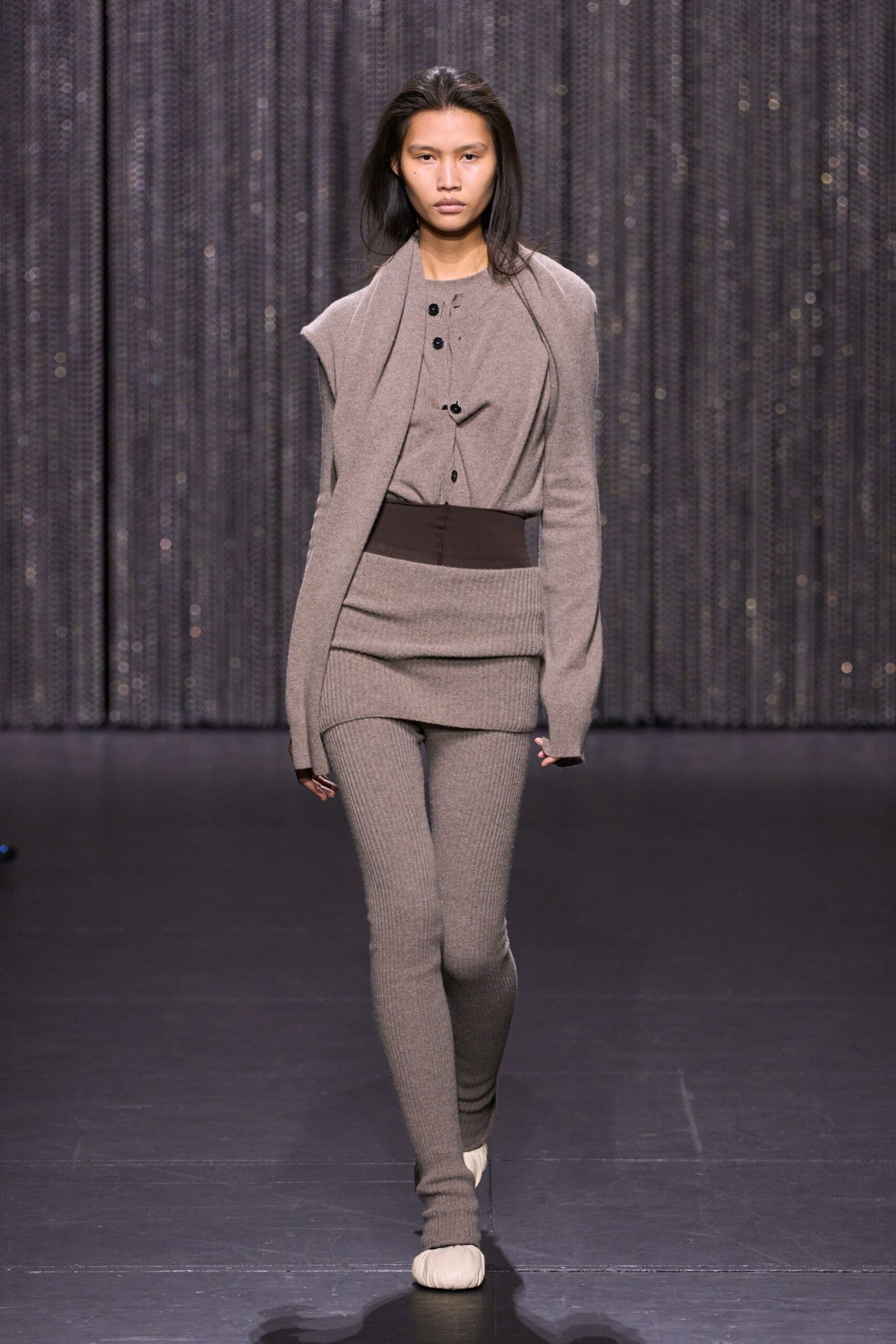gray knit fitted top and pants
