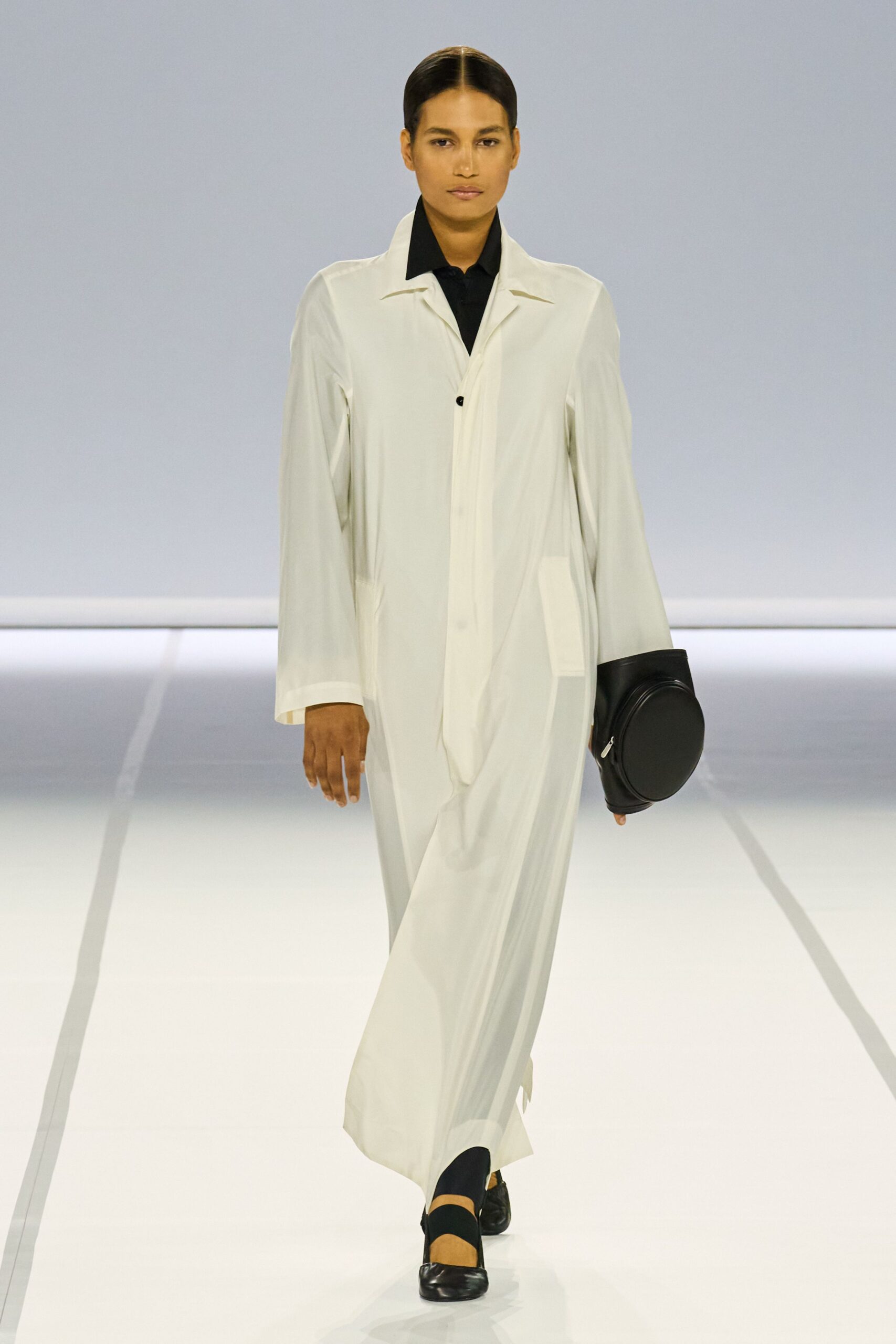 white relaxed maxi dress with black accessories