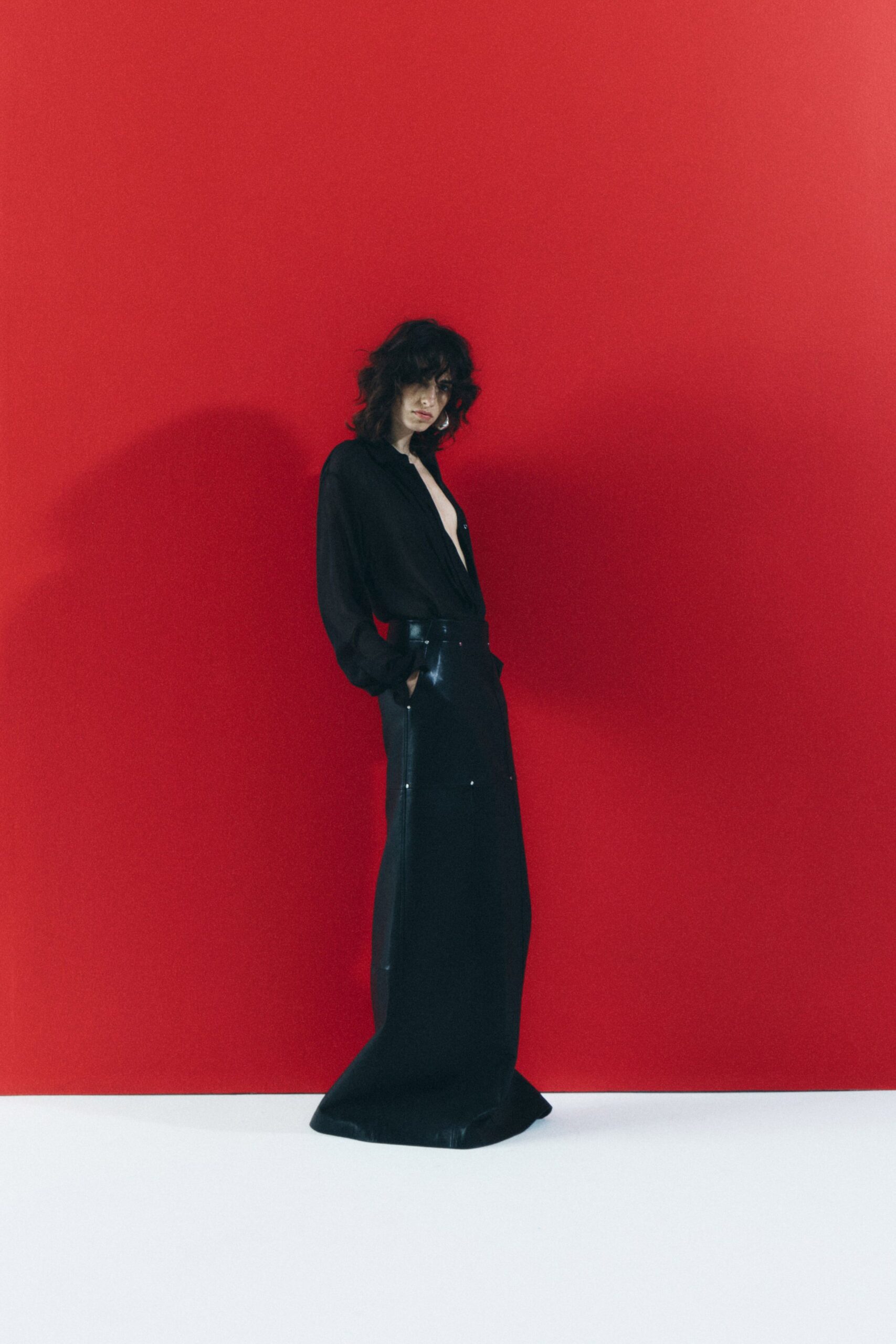 black leather long-sleeve dress