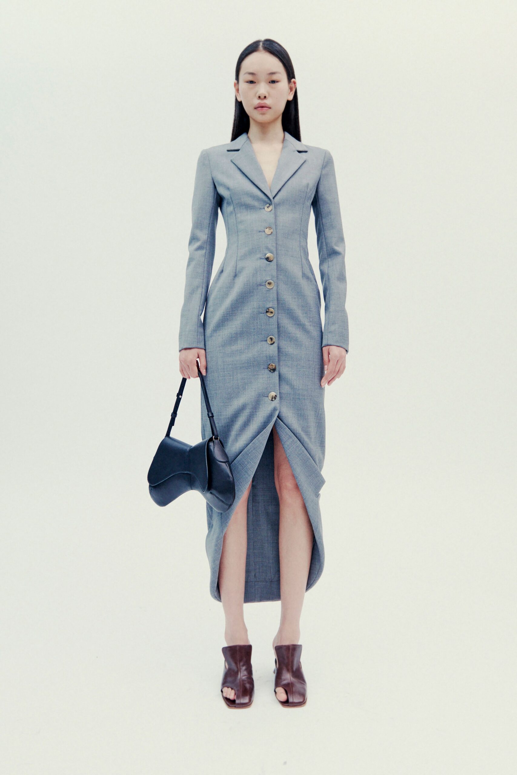 gray cotton long-sleeve collared fitted buttoned pencil dress