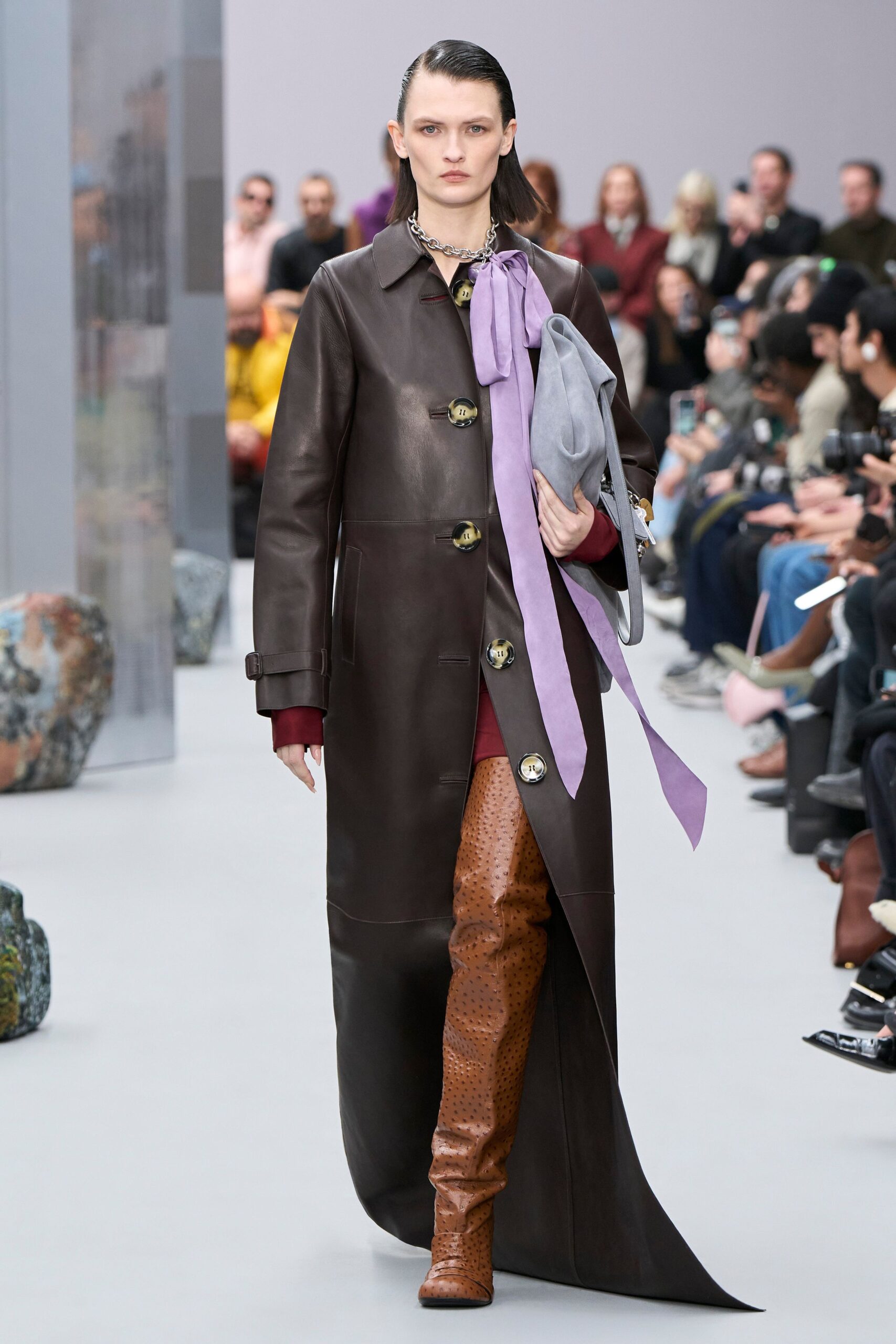 brown leather long-sleeve collared fitted buttoned maxi coat