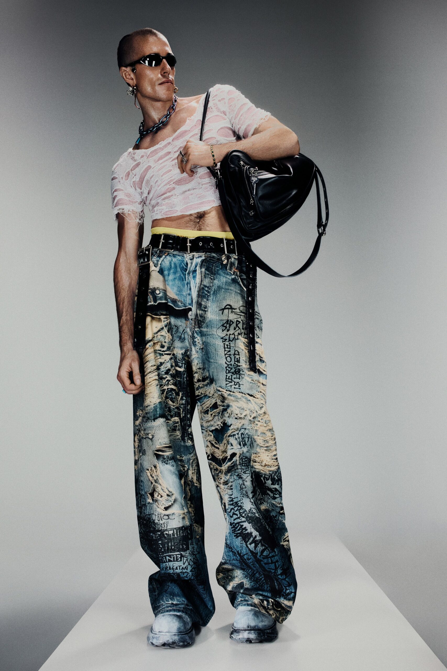 blue denim relaxed distressed wide-leg pants