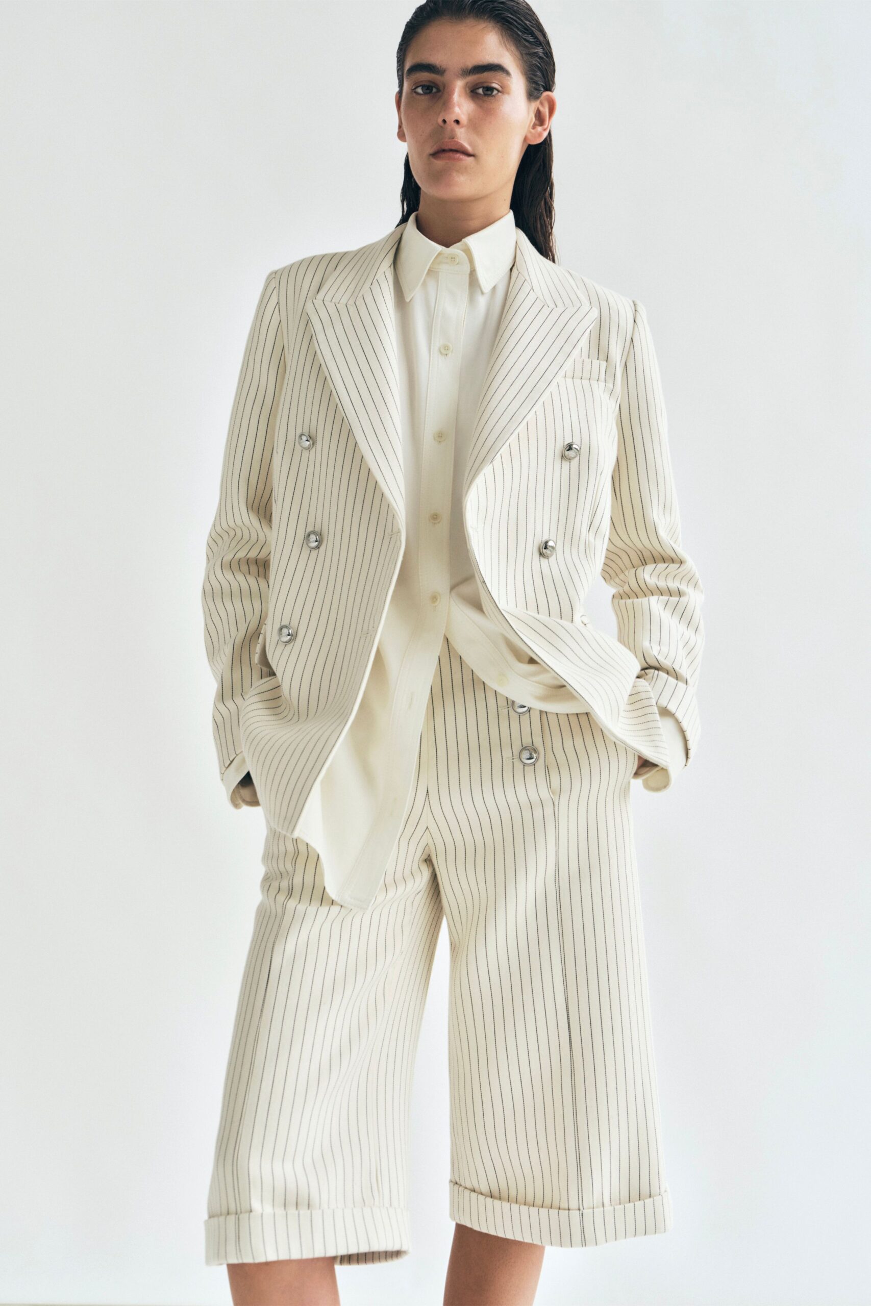 white cotton long-sleeve collared structured striped blazer