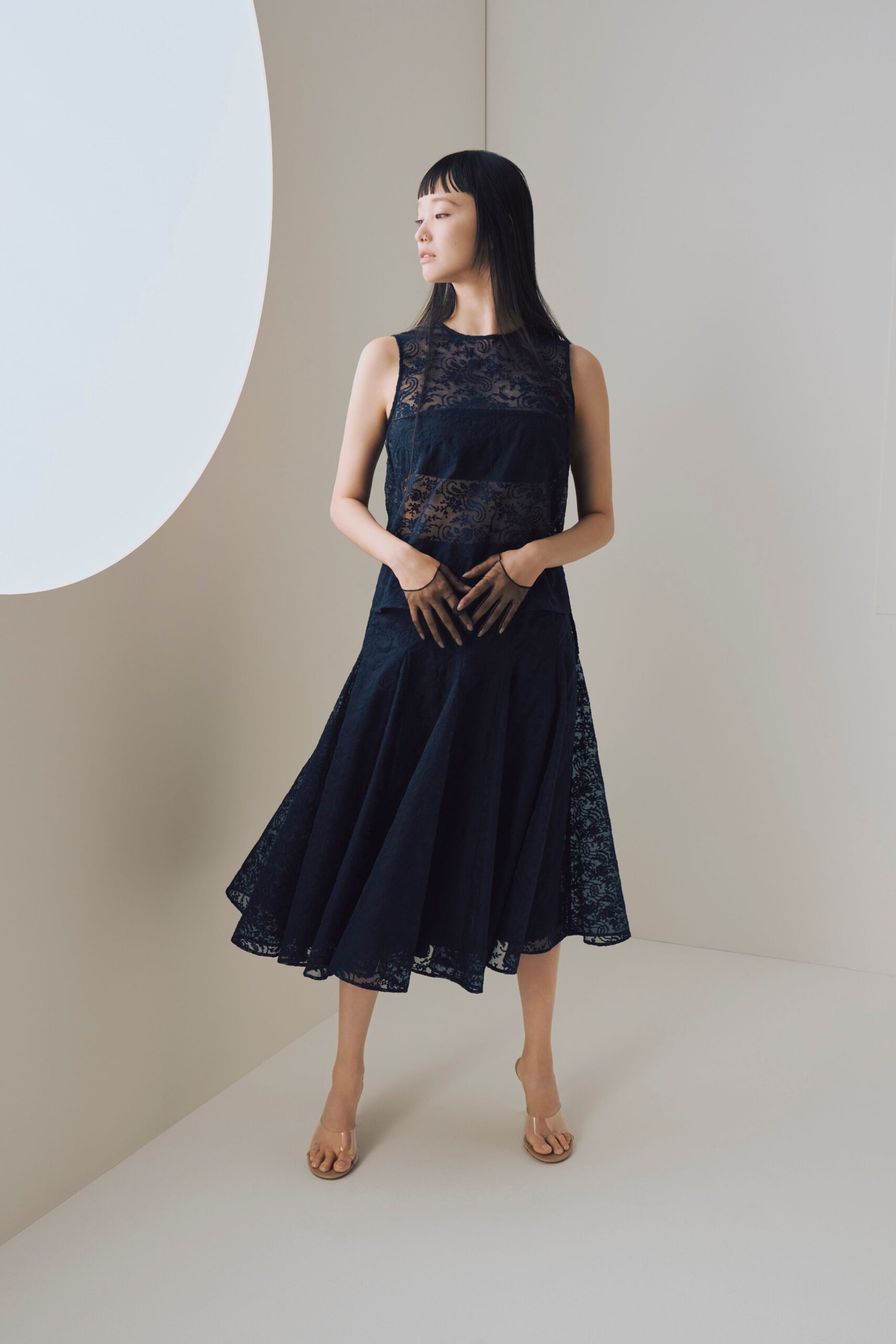 black lace midi dress with clear shoes