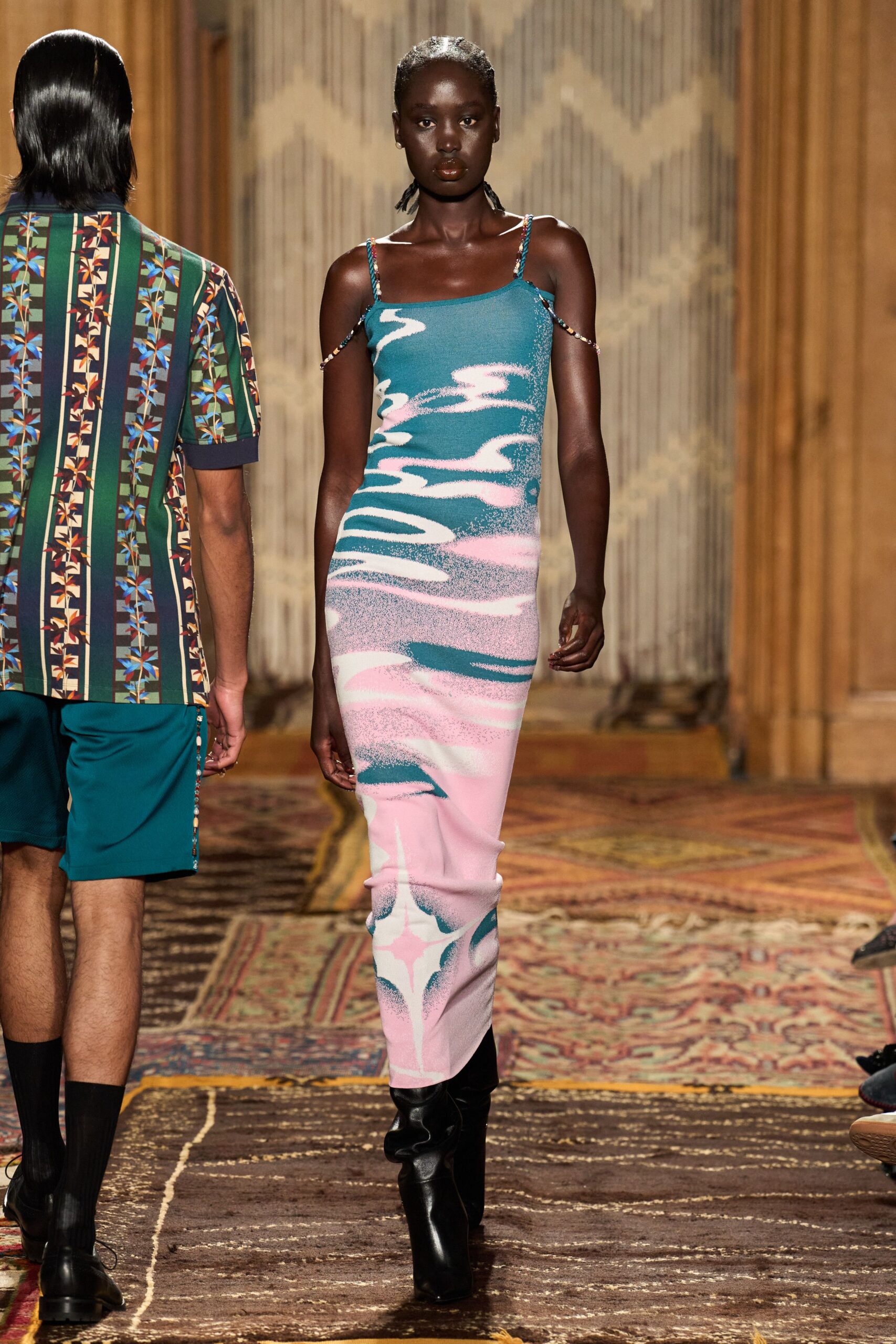 blue and pink printed maxi dress