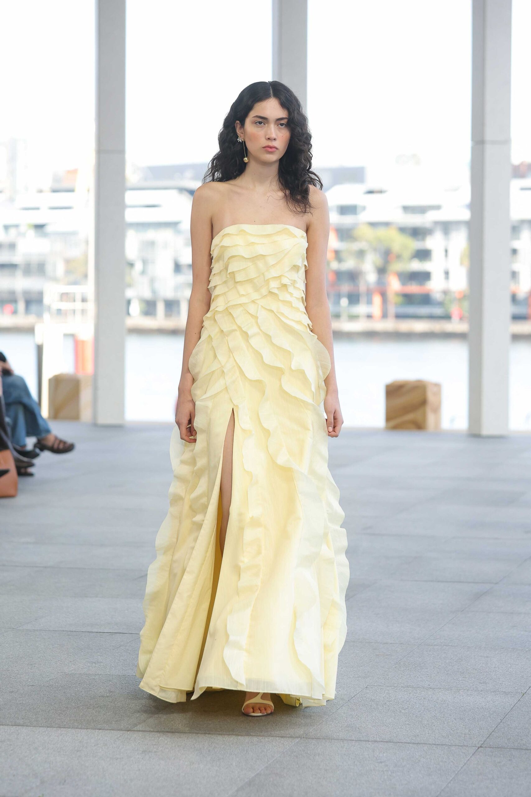 yellow chiffon strapless slit fitted ruffled layered gown