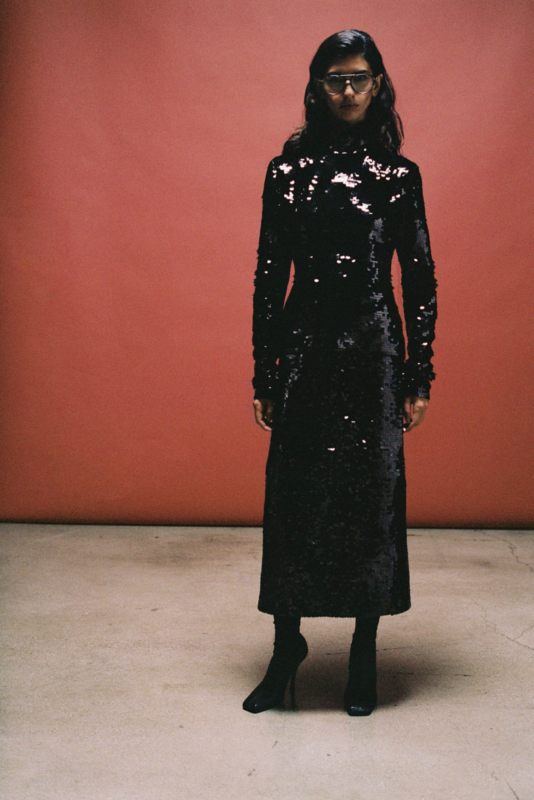 black sequin long-sleeve high-neck fitted sequined straight-leg dress
