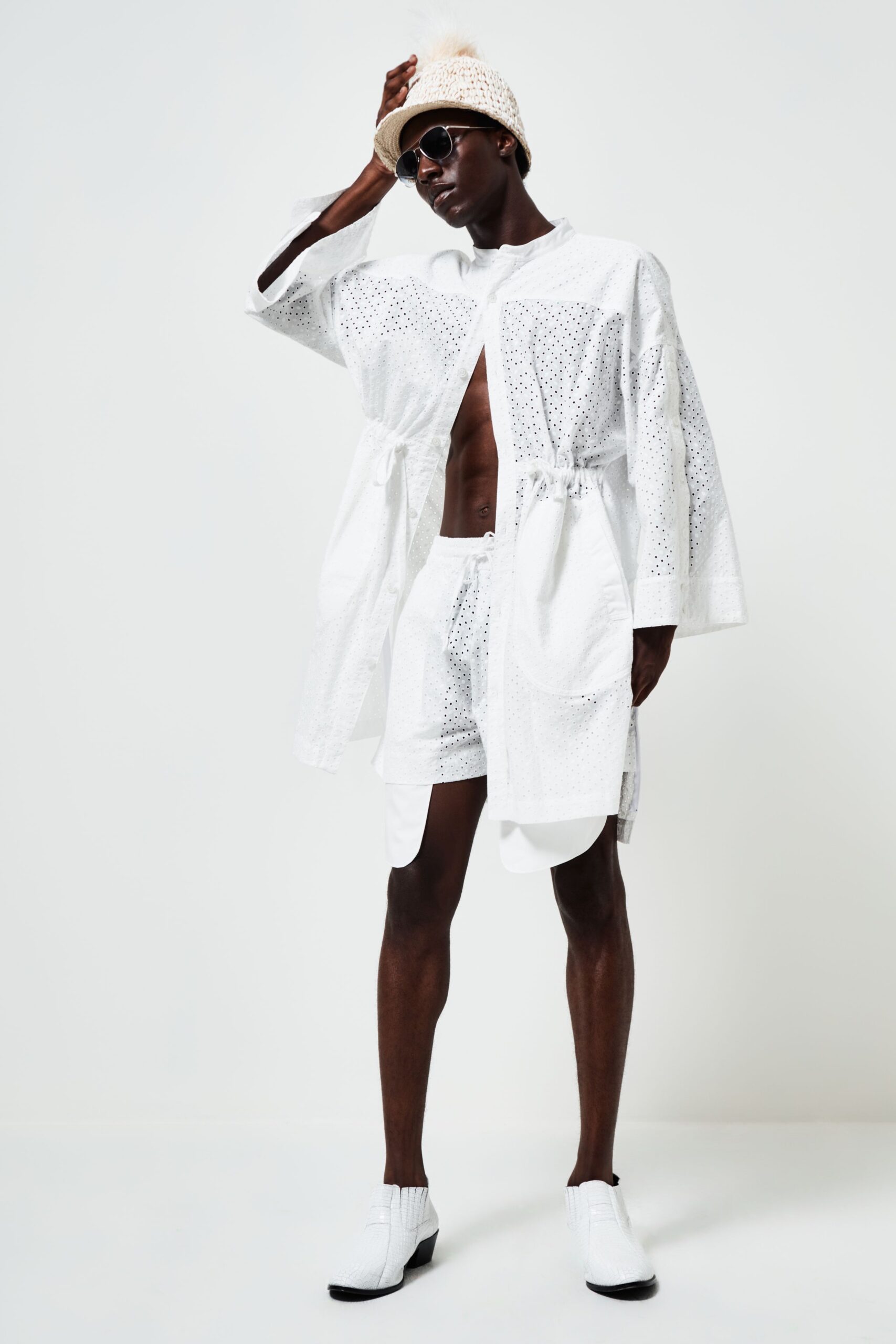 white embroidered coat with shorts