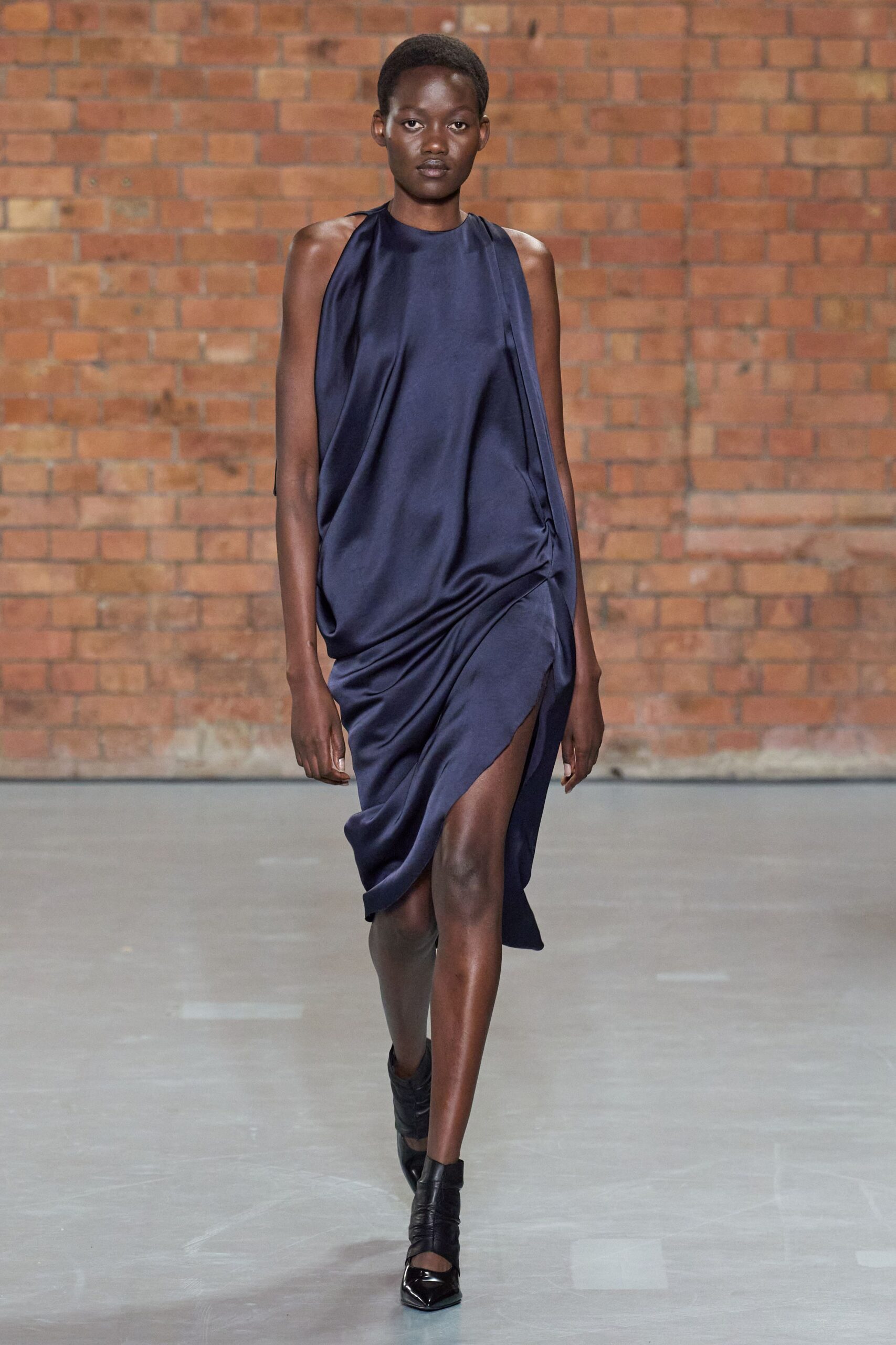 blue silk sleeveless high-neck fitted draped flowing dress