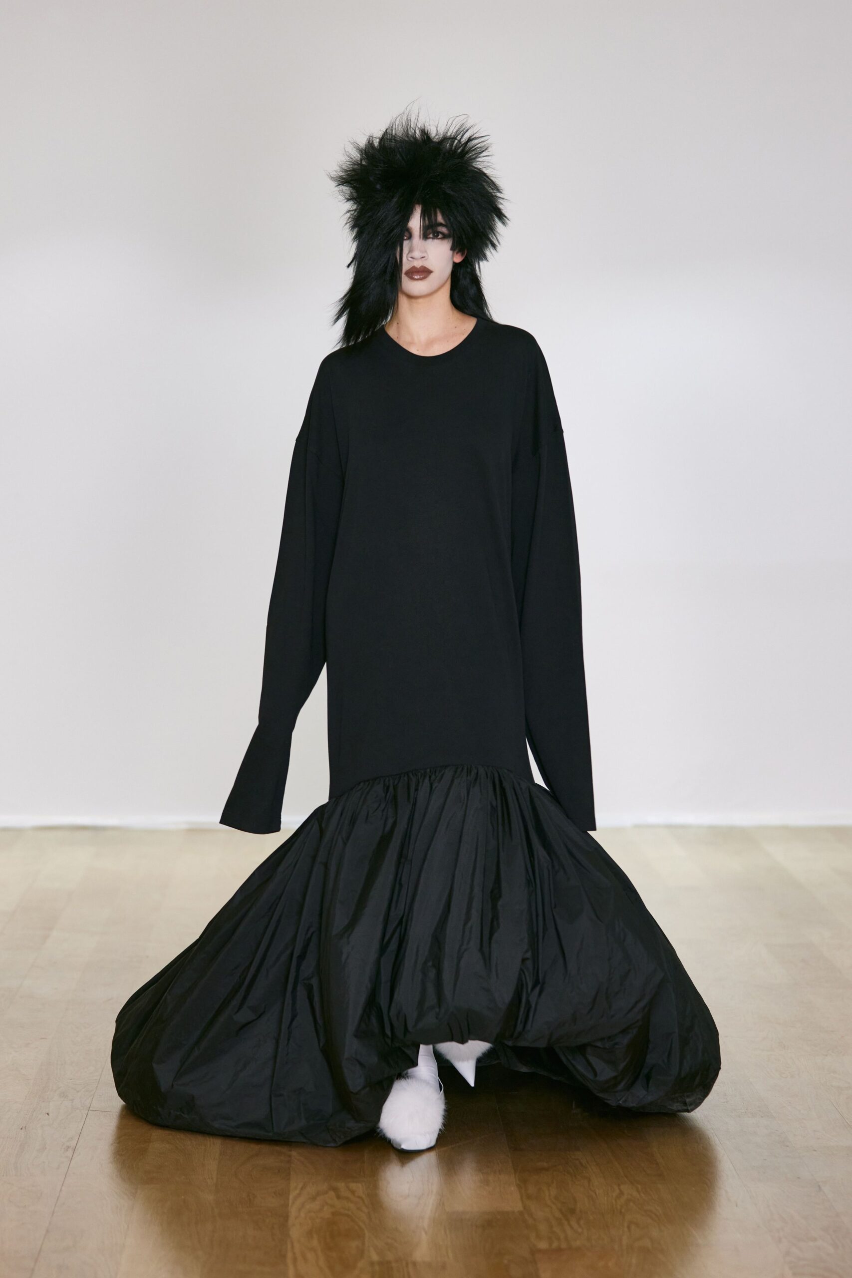 black cotton long-sleeve v-neck oversized layered maxi dress
