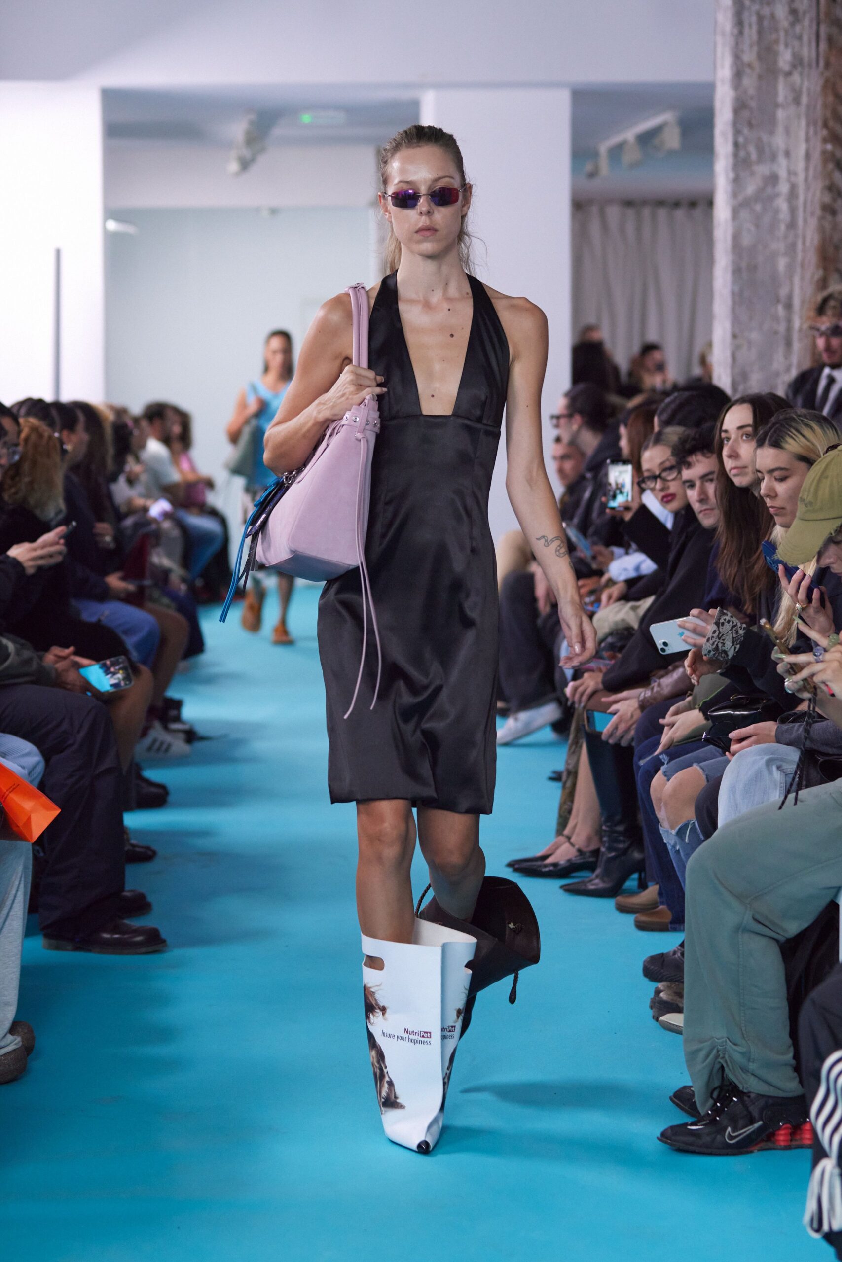 black silk mini dress with white boots