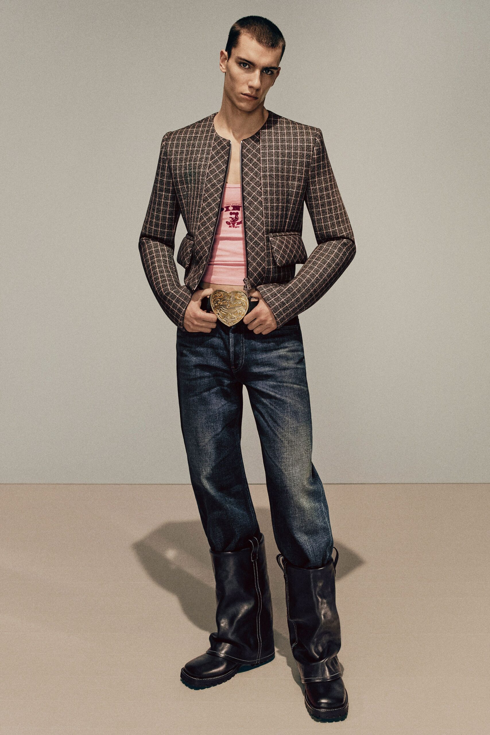 brown cotton long-sleeve collared tailored checked jacket