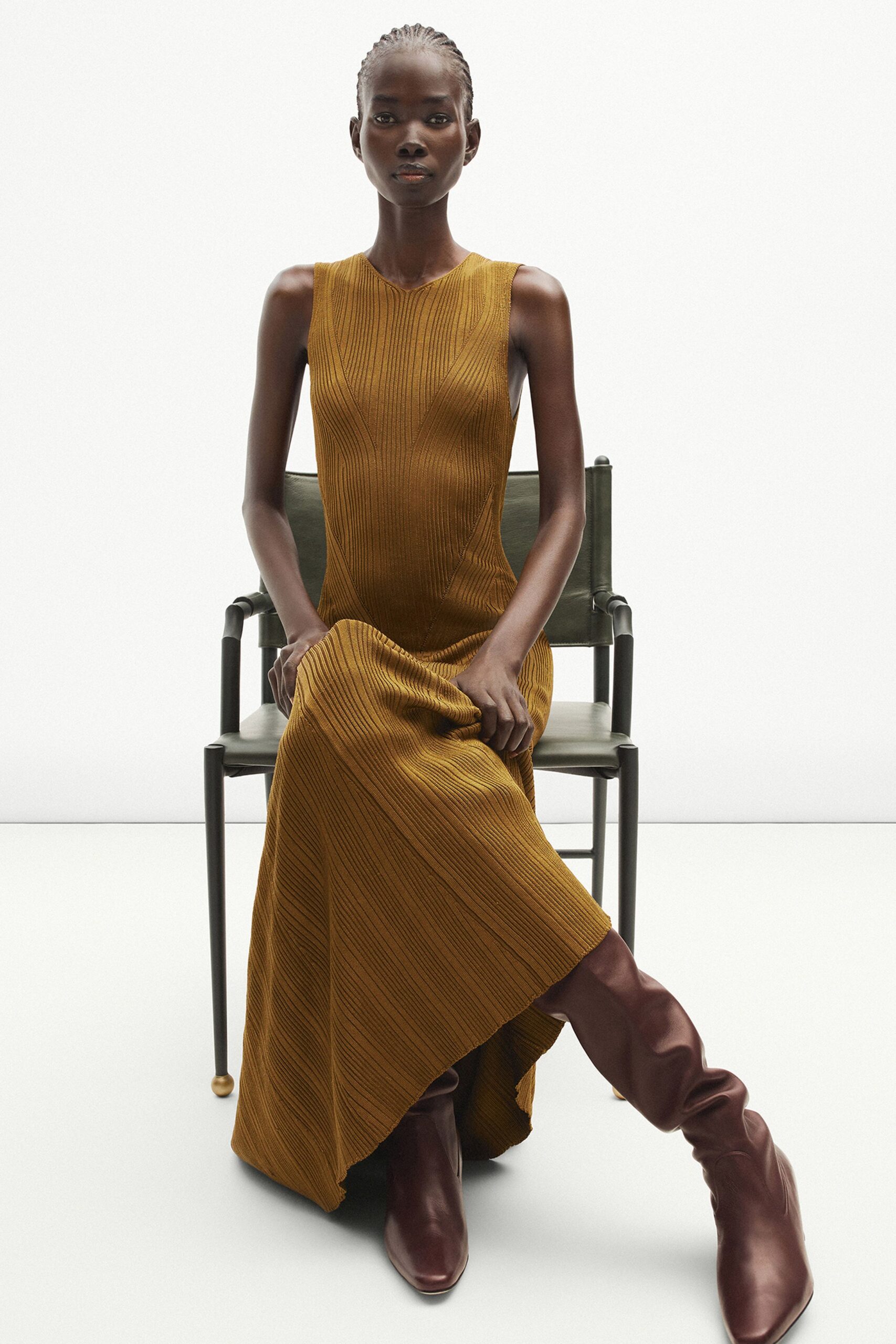 brown knit sleeveless high-neck fitted ribbed maxi dress