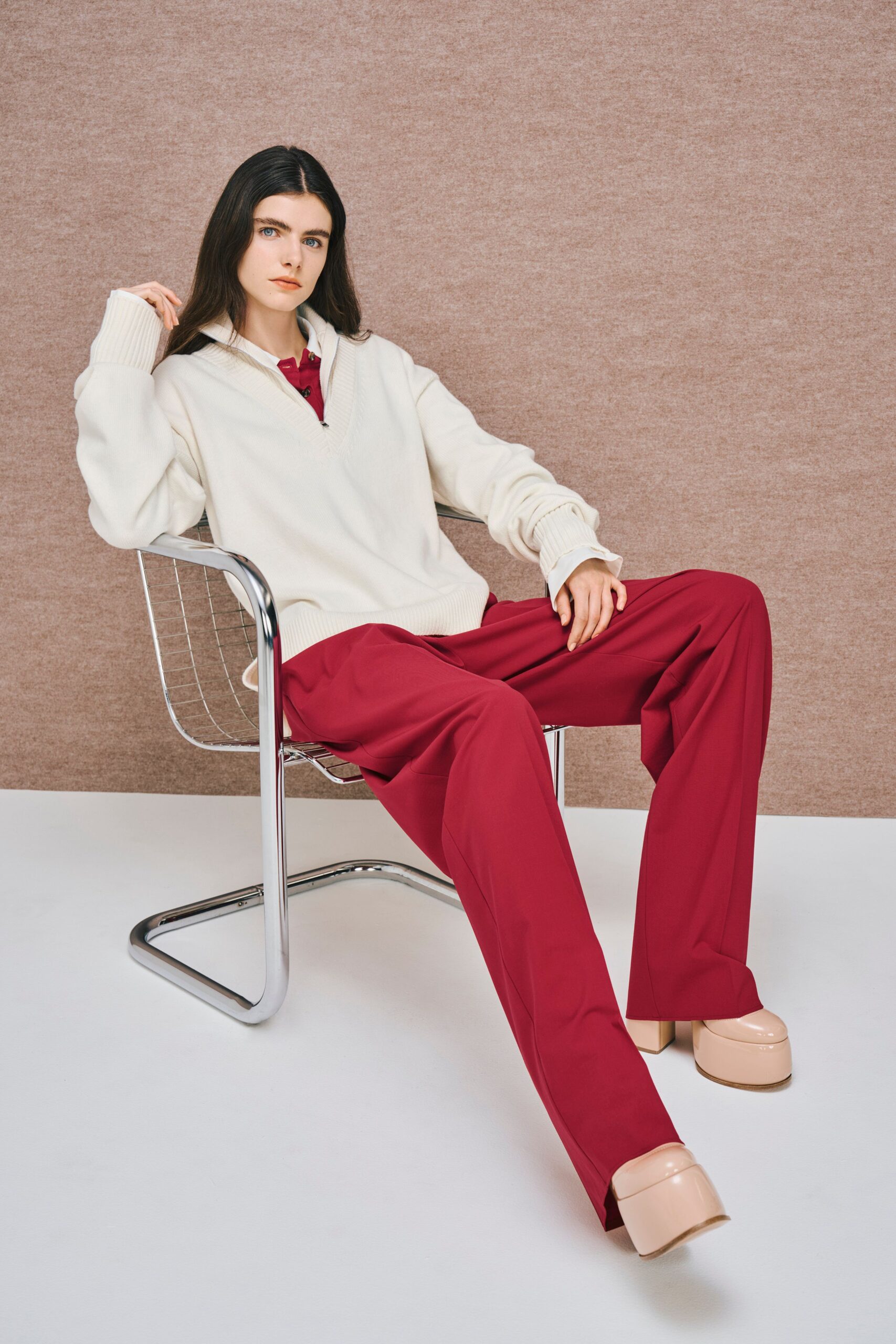 white relaxed sweater red pants
