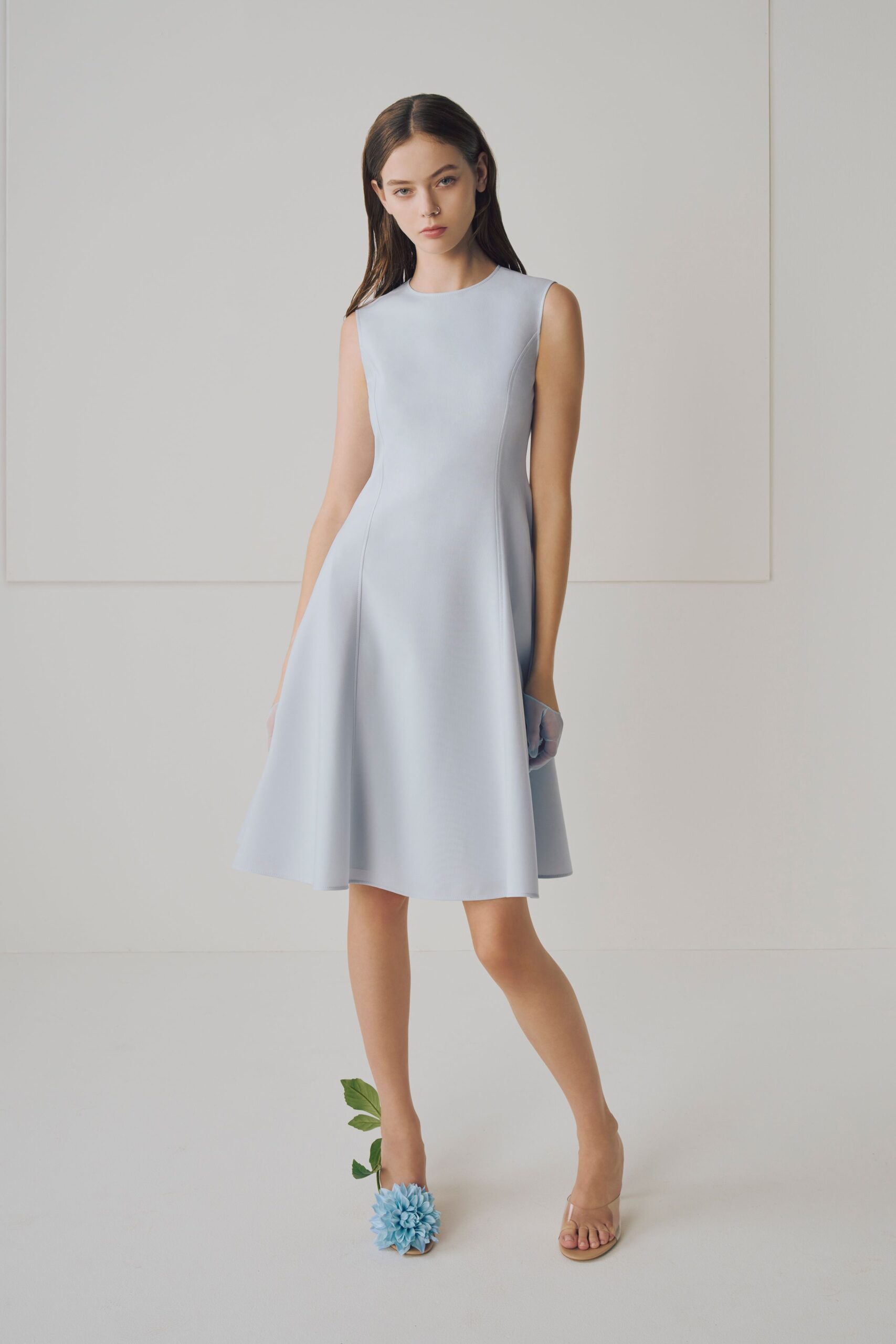 blue cotton sleeveless midi dress
