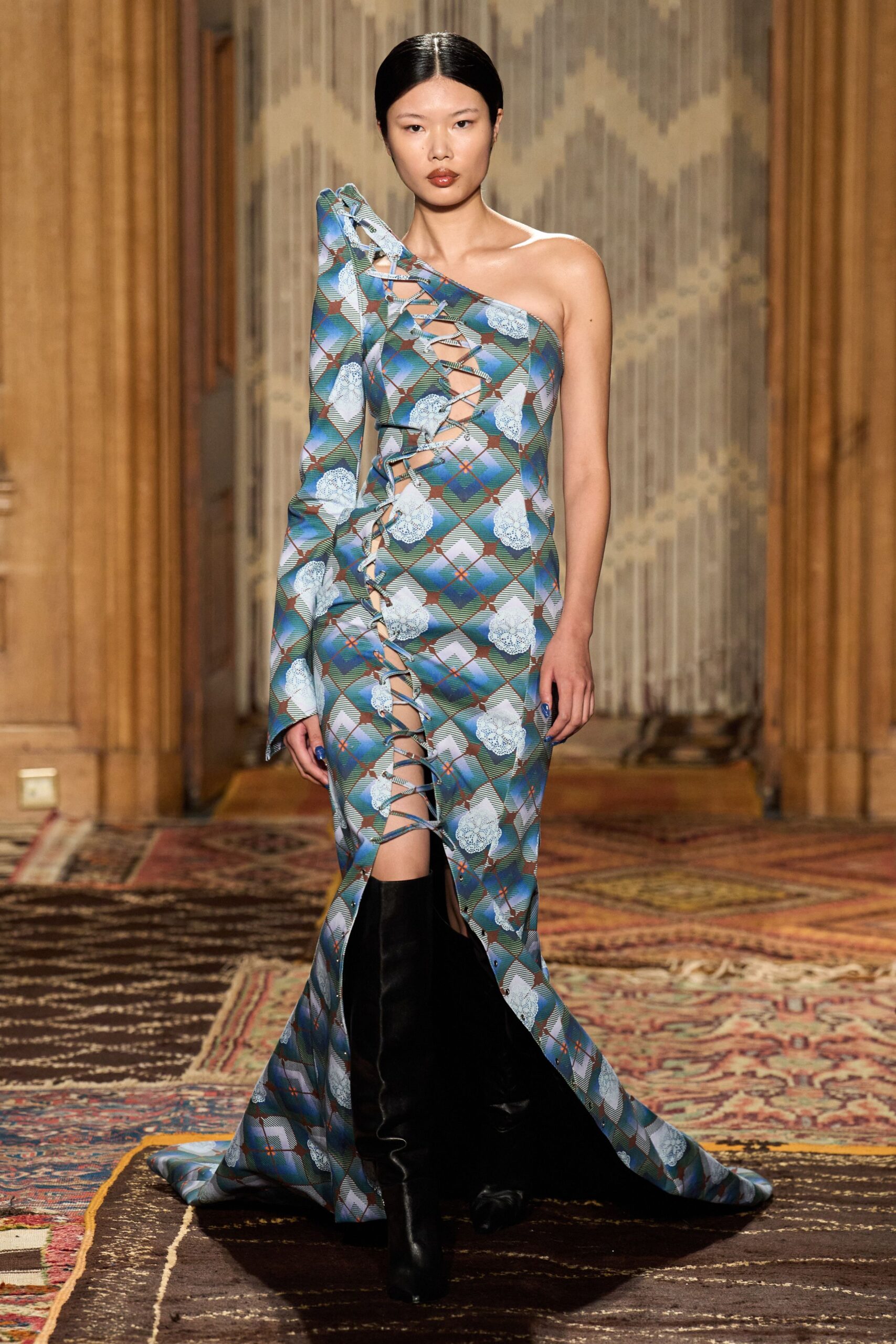blue green silk gown with laces