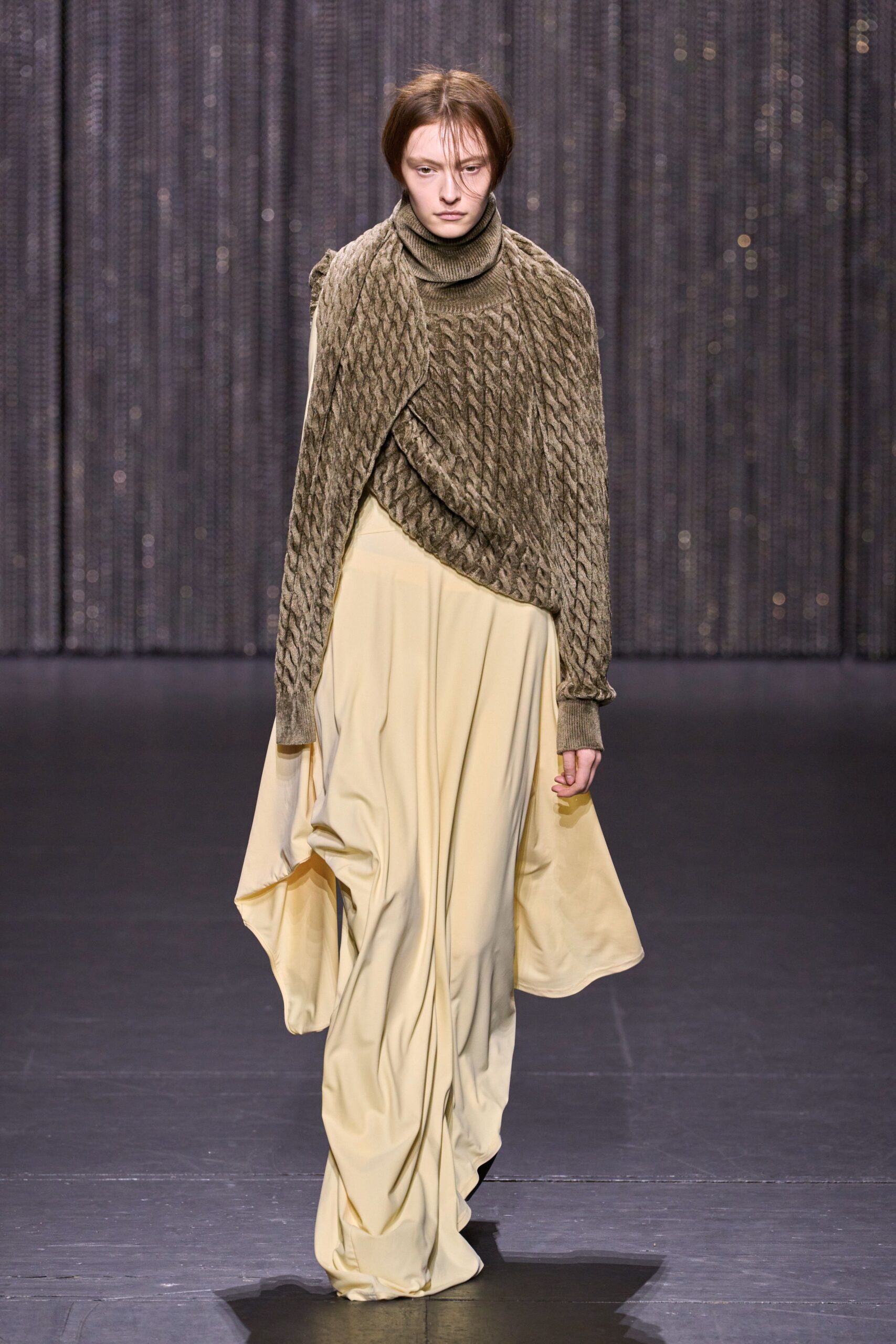 green knit sweater and yellow skirt