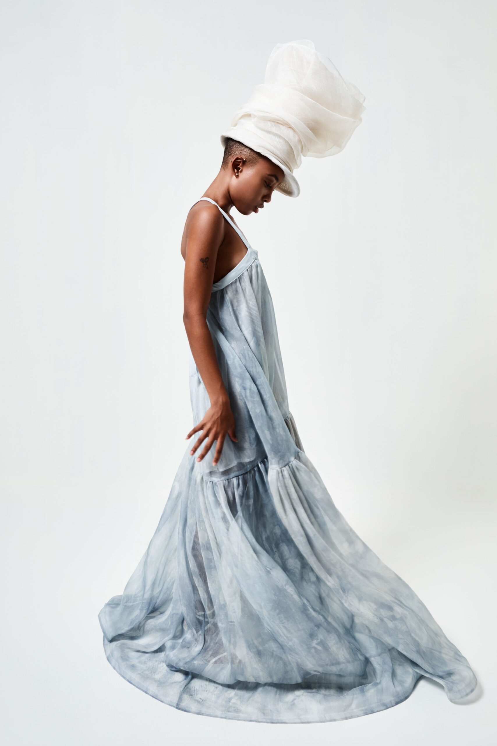 blue silk tiered gown with hat