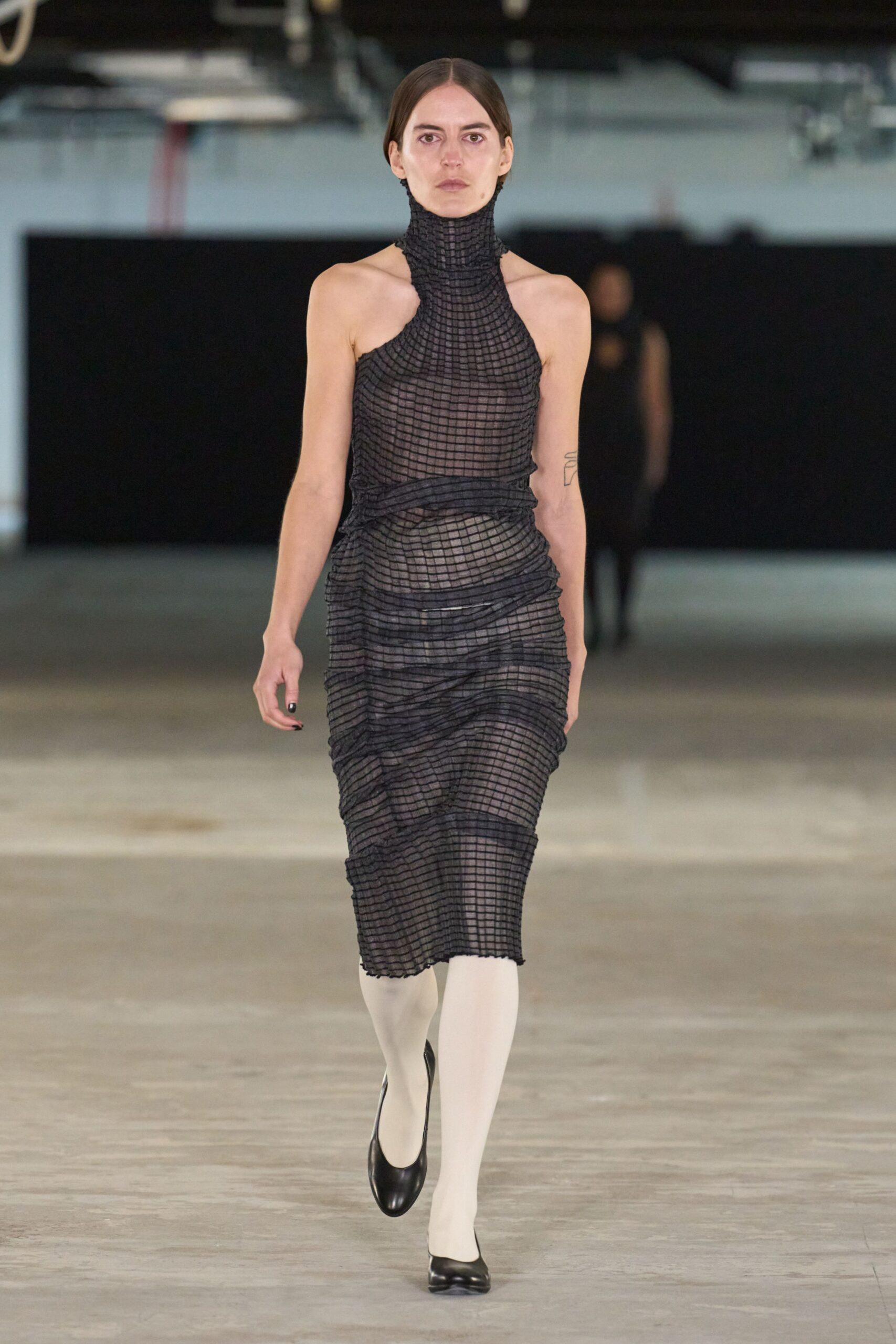 black mesh fitted midi dress