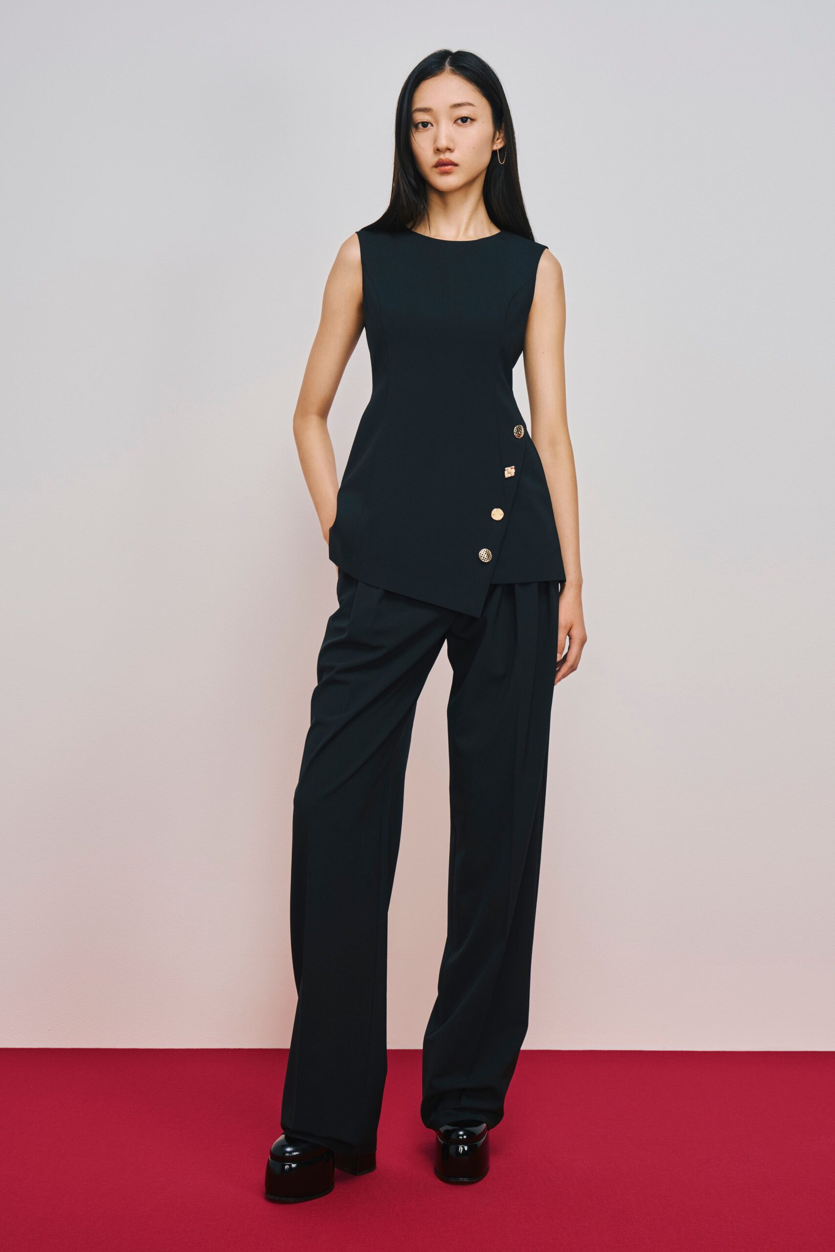 black fitted top with wide-leg pants