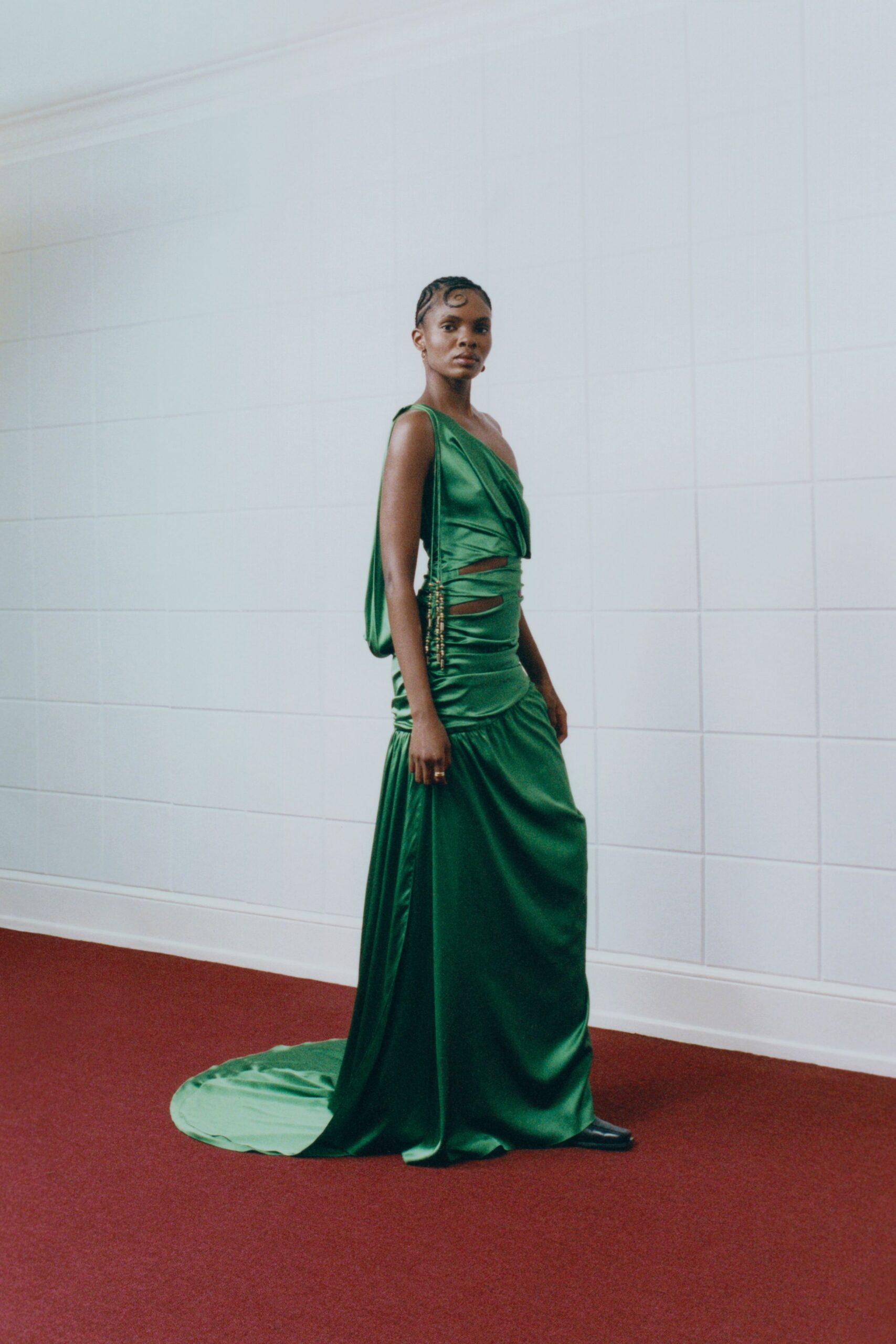 fitted green silk gown