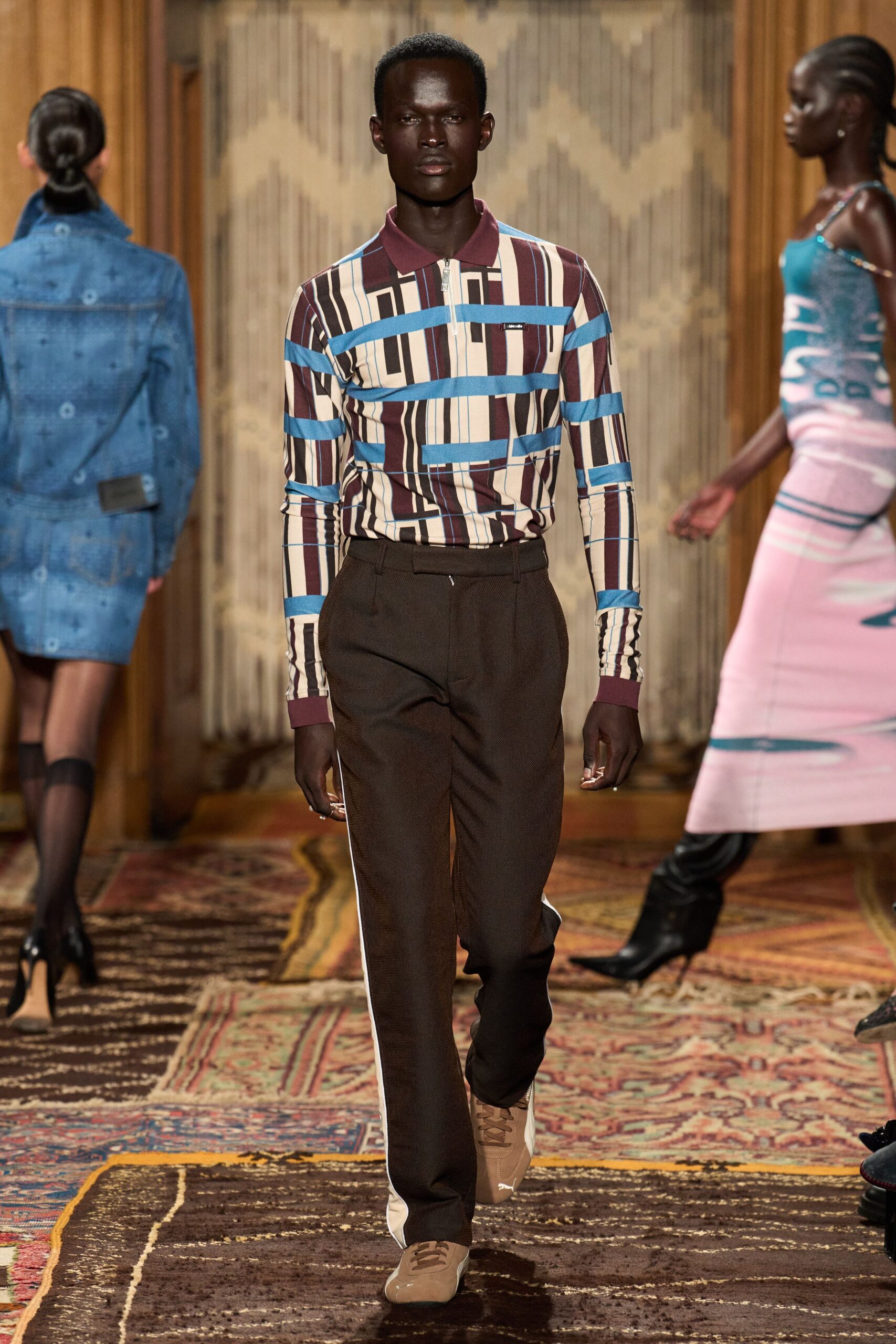fitted striped shirt and tailored pants