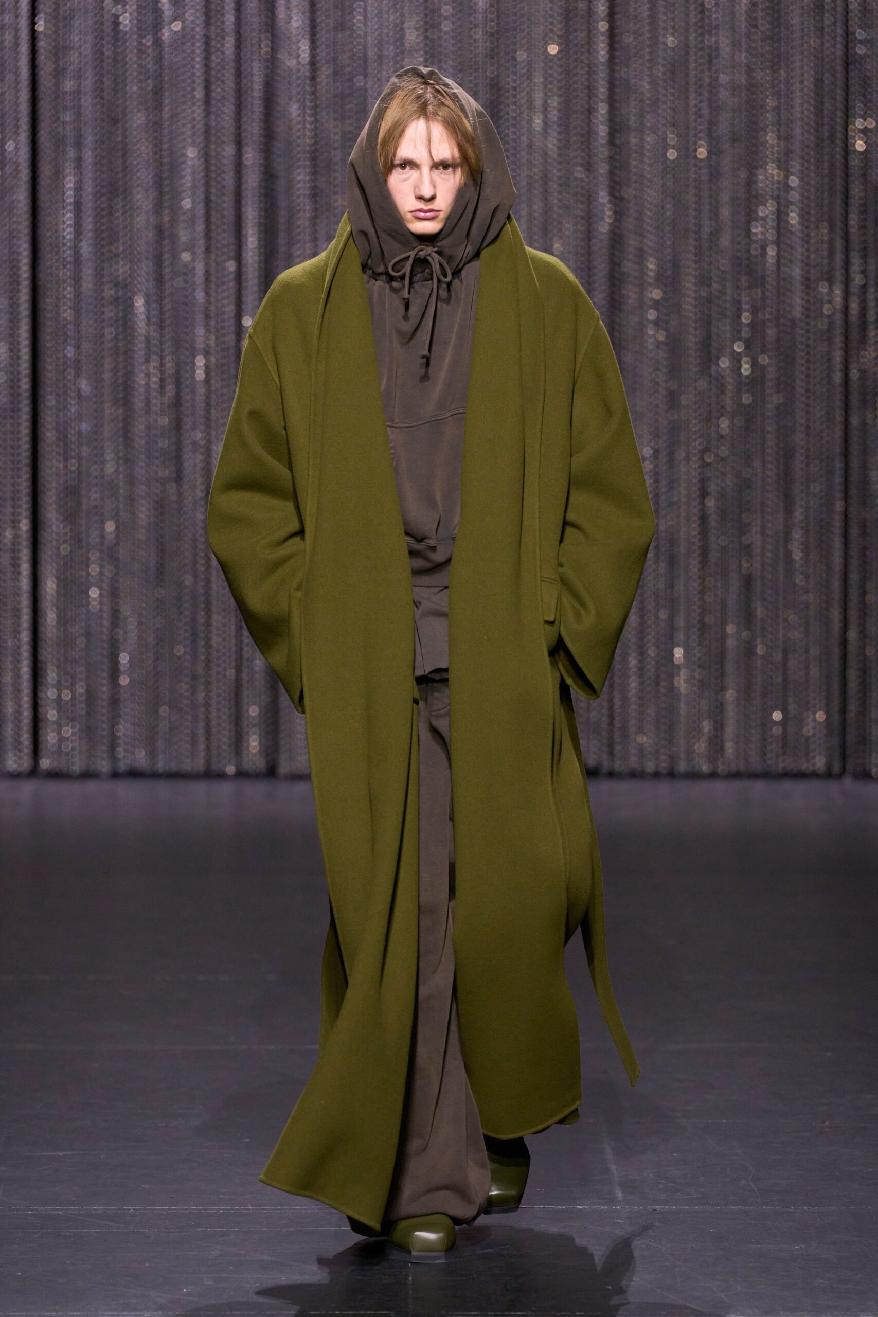 green wool long-sleeve collared relaxed belted maxi coat