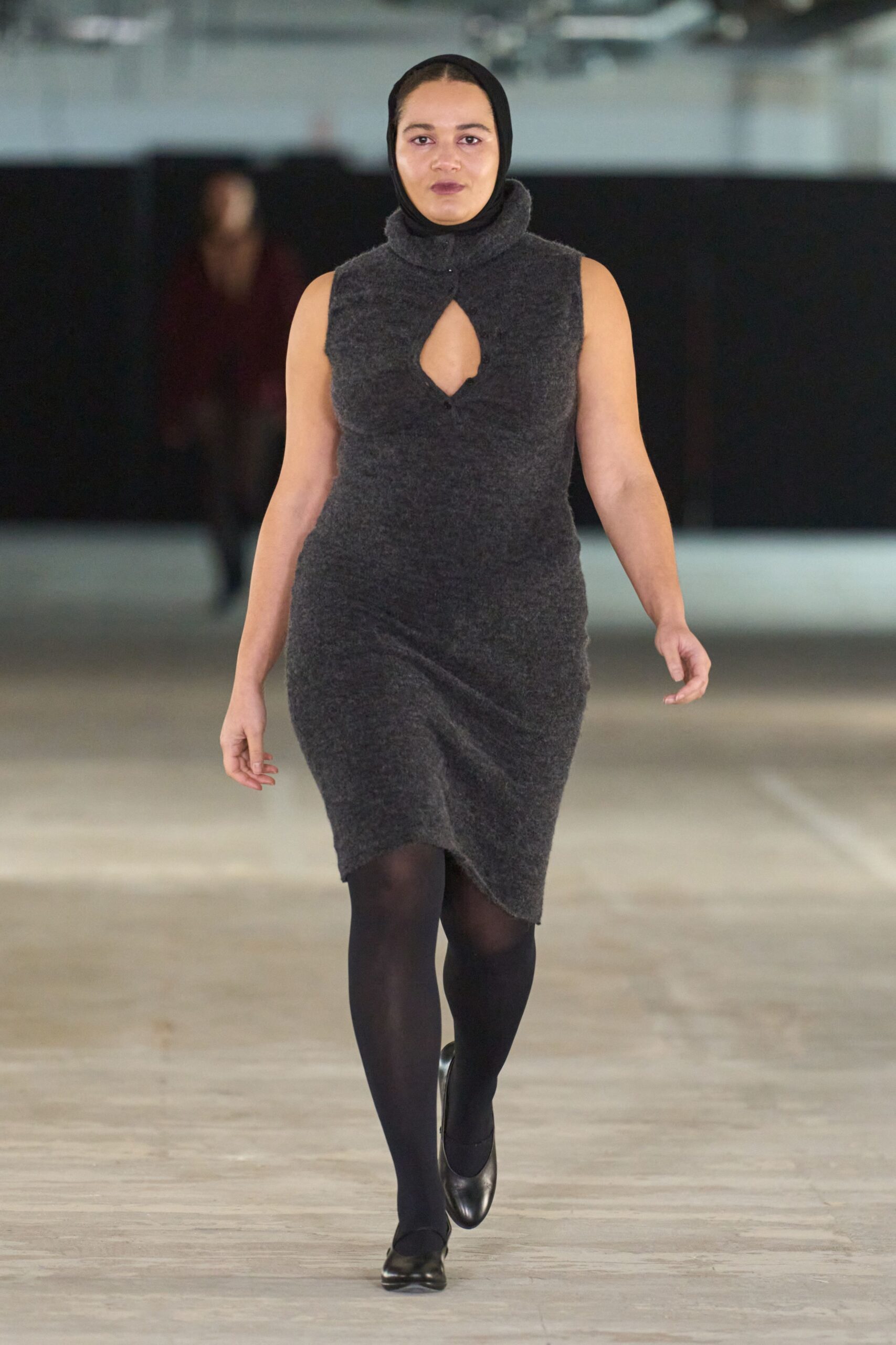 gray wool sleeveless high-neck fitted mini dress
