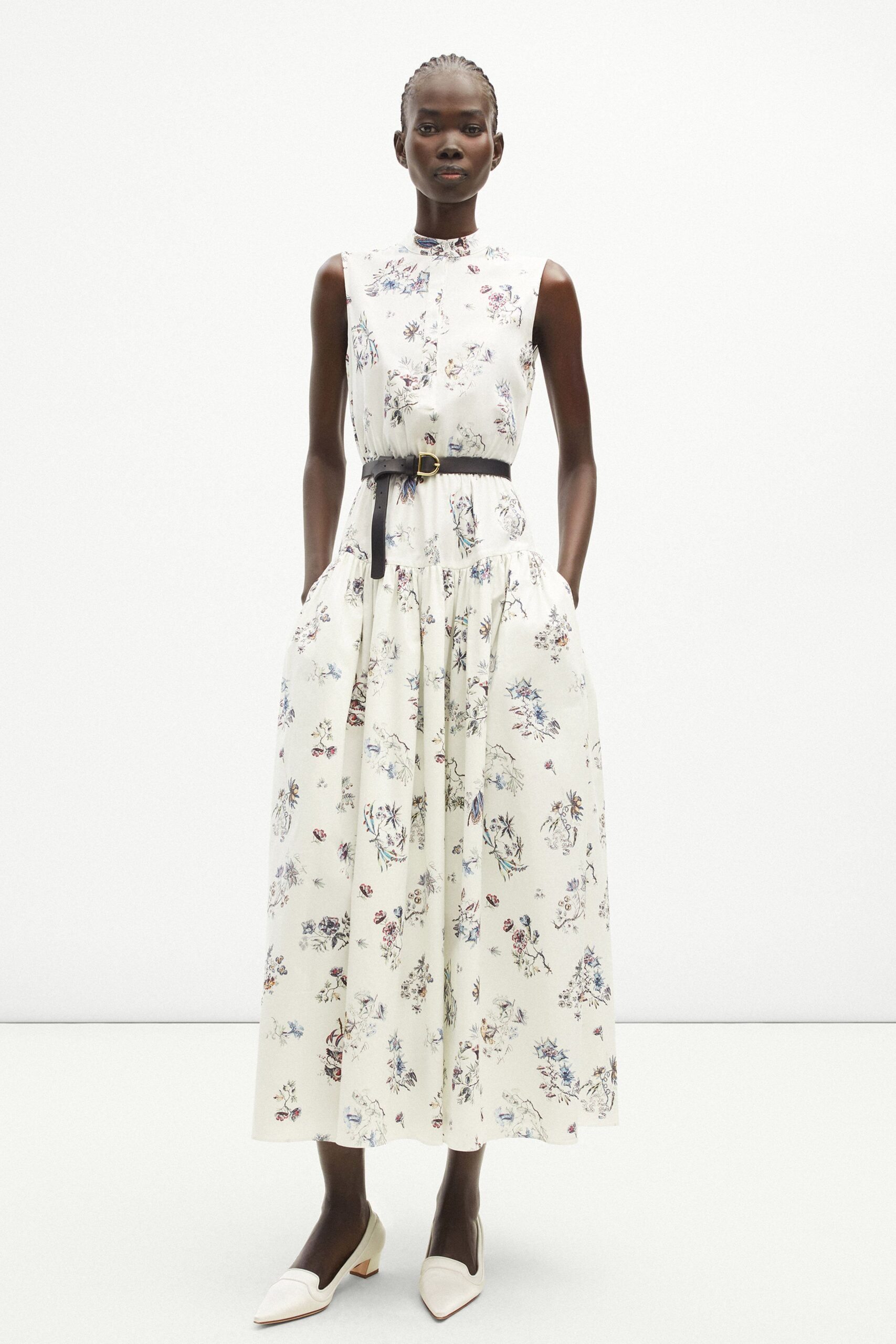 white floral midi dress with belt