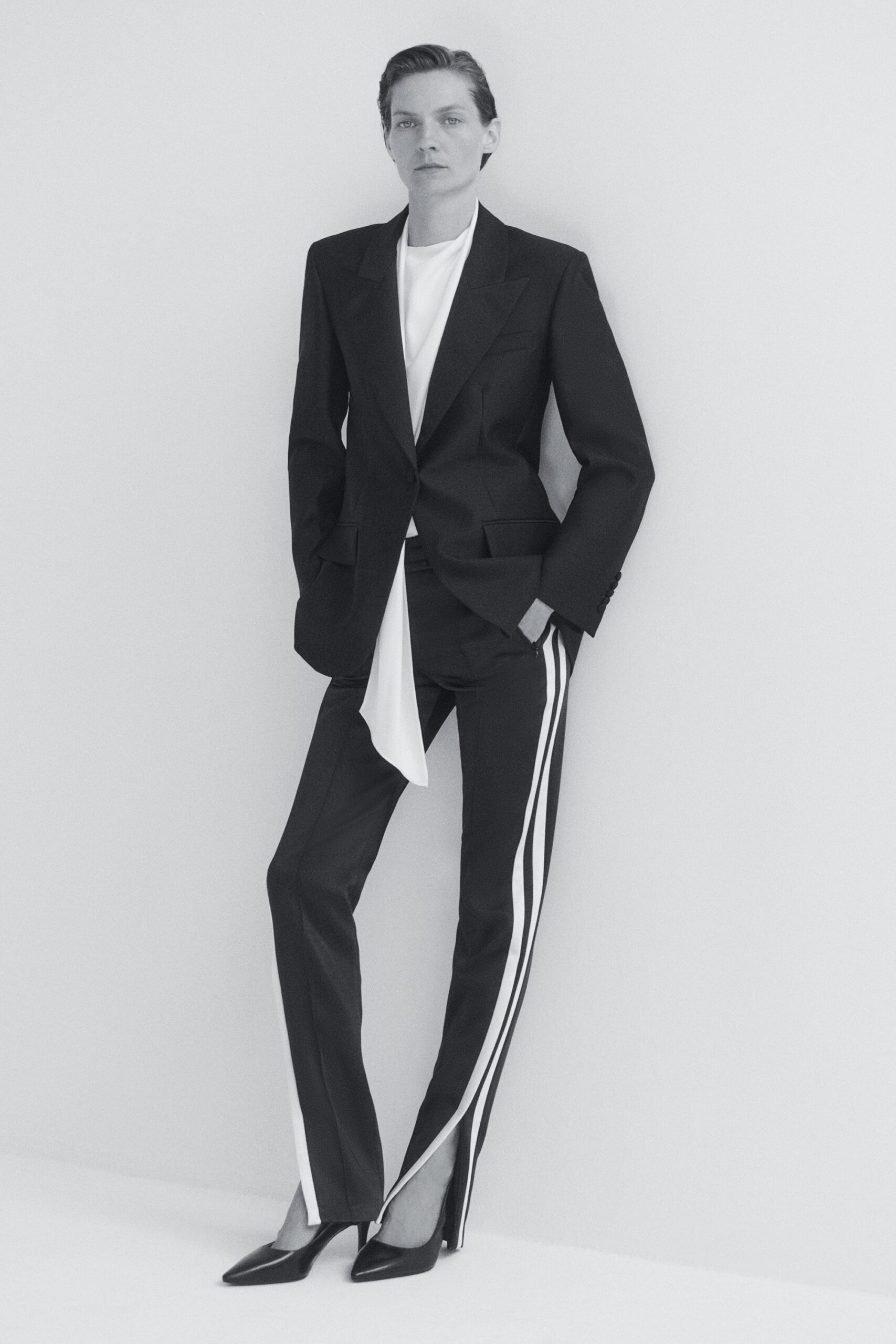 black blazer striped pants
