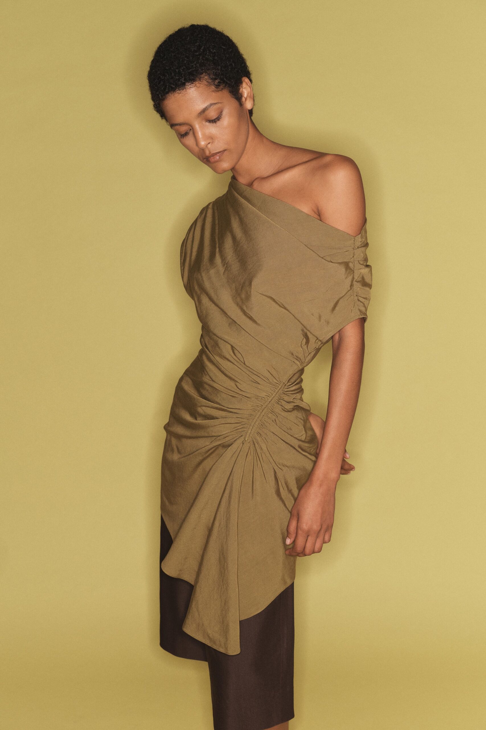 brown cotton off-shoulder dress