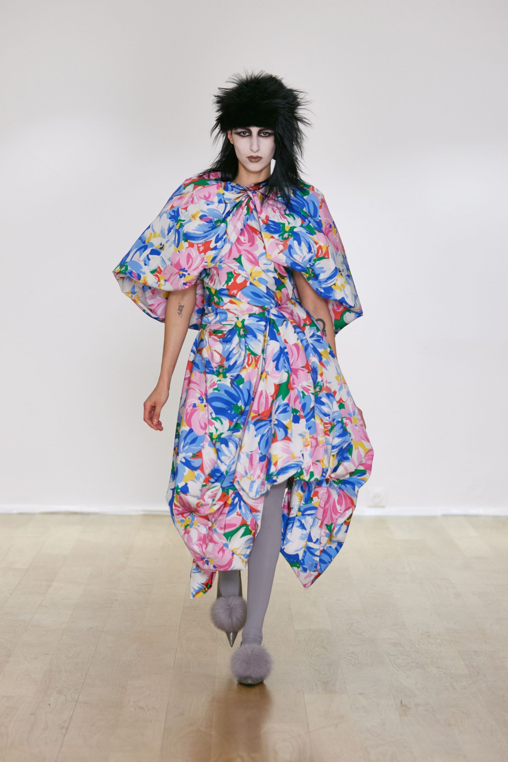 multi silk sleeveless collared fitted draped flared dress